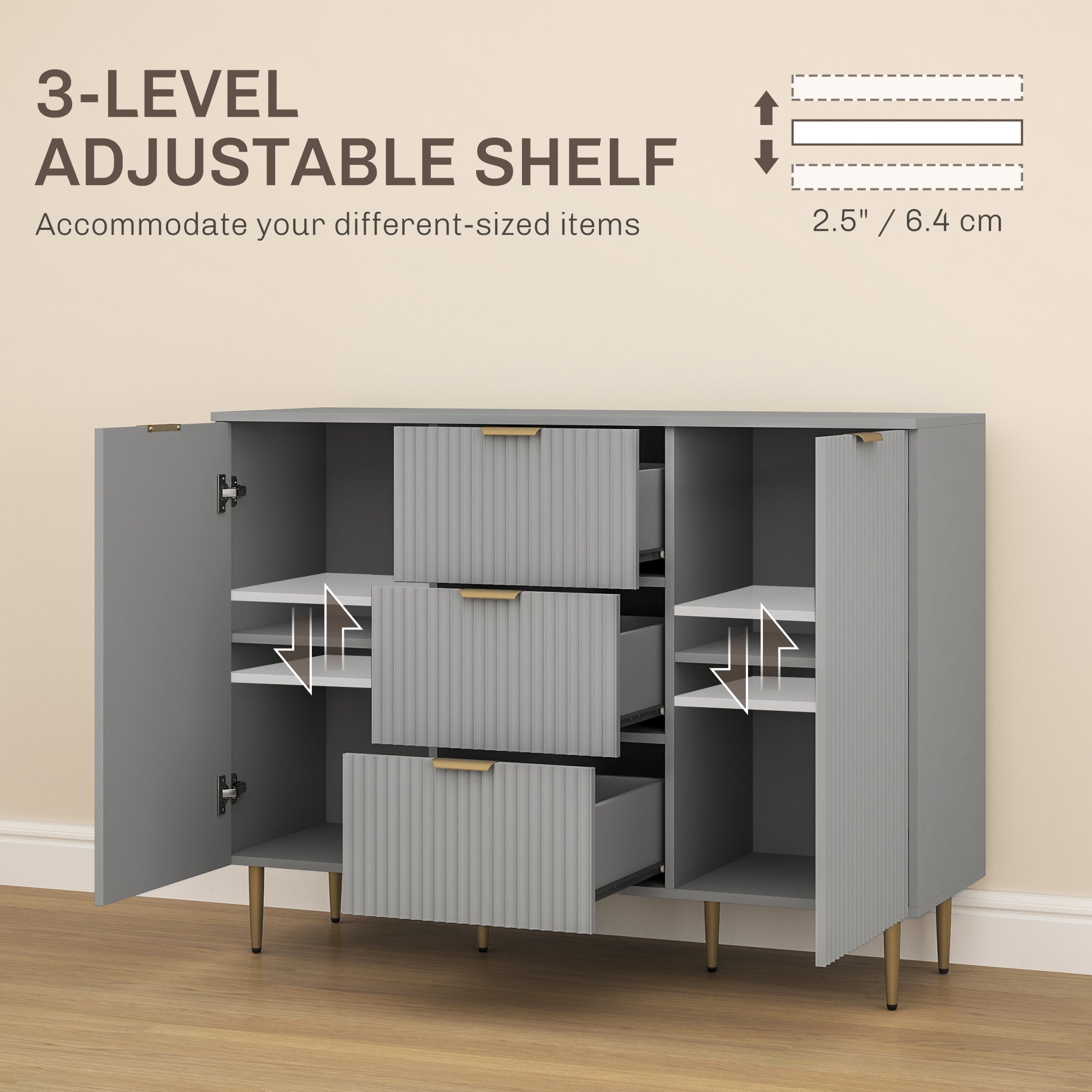 HOMCOM Sideboard Buffet Cabinet, Modern Kitchen Storage Cabinet with 3  Drawers and Adjustable Shelves, Fluted Coffee Bar Cabinet with Metal Legs for Kitchen Hallway, Grey