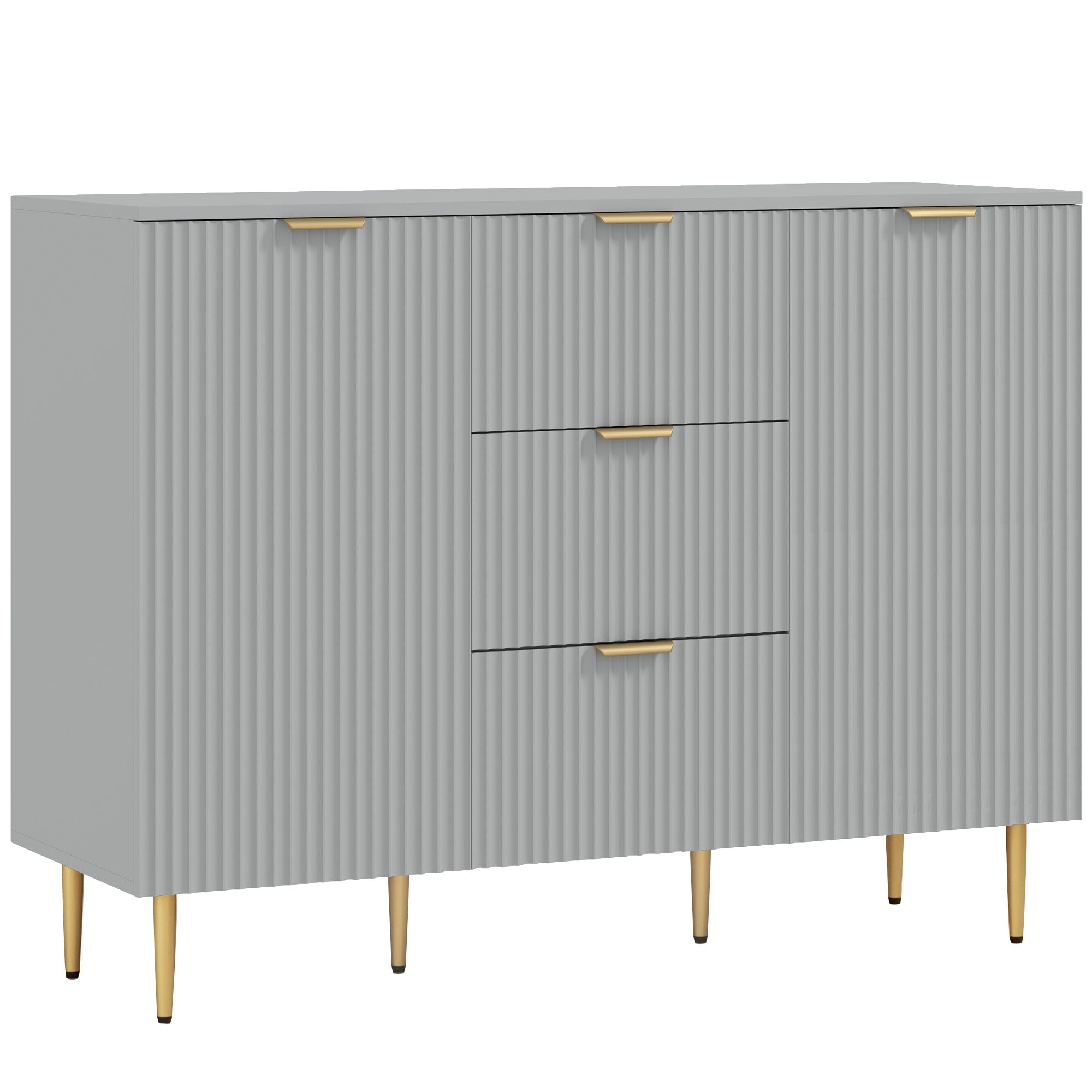 HOMCOM Sideboard Buffet Cabinet, Modern Kitchen Storage Cabinet with 3  Drawers and Adjustable Shelves, Fluted Coffee Bar Cabinet with Metal Legs for Kitchen Hallway, Grey