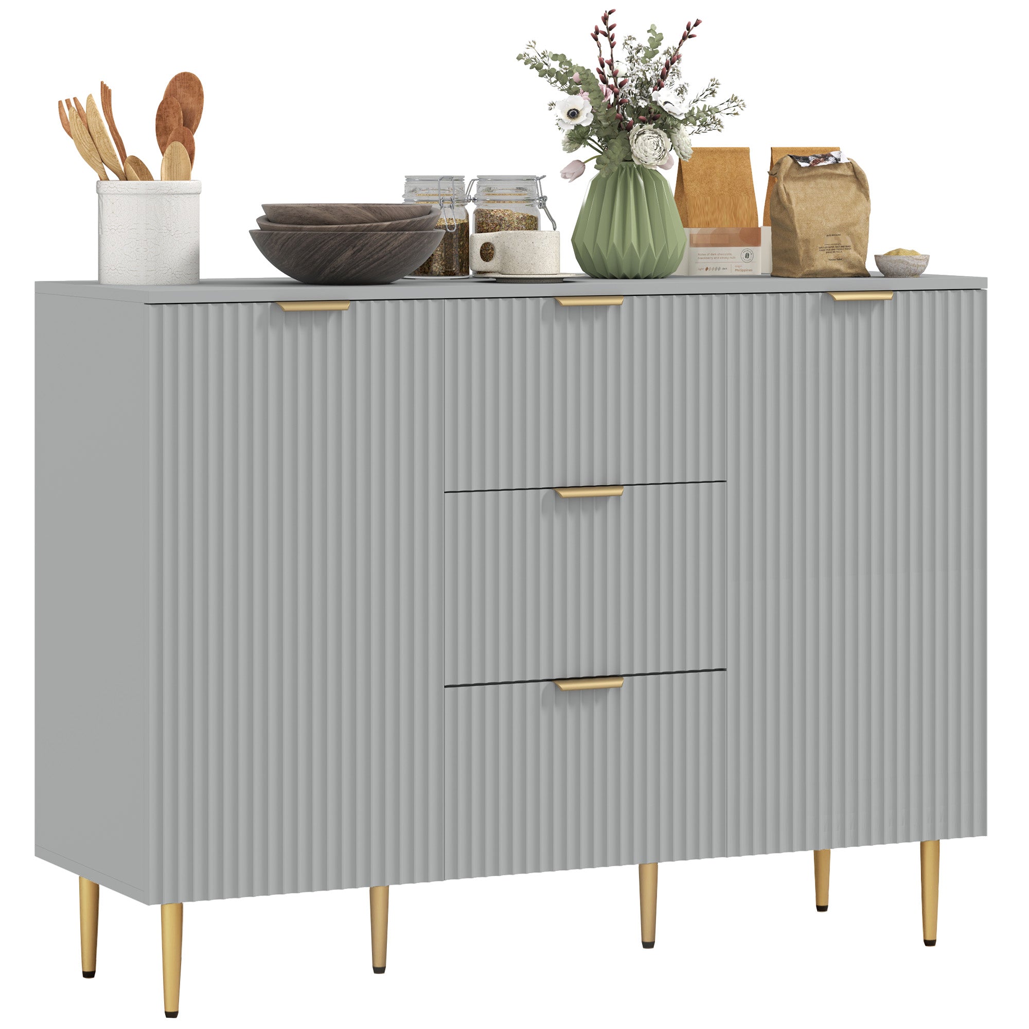 HOMCOM Sideboard Buffet Cabinet, Modern Kitchen Storage Cabinet with 3  Drawers and Adjustable Shelves, Fluted Coffee Bar Cabinet with Metal Legs for Kitchen Hallway, Grey
