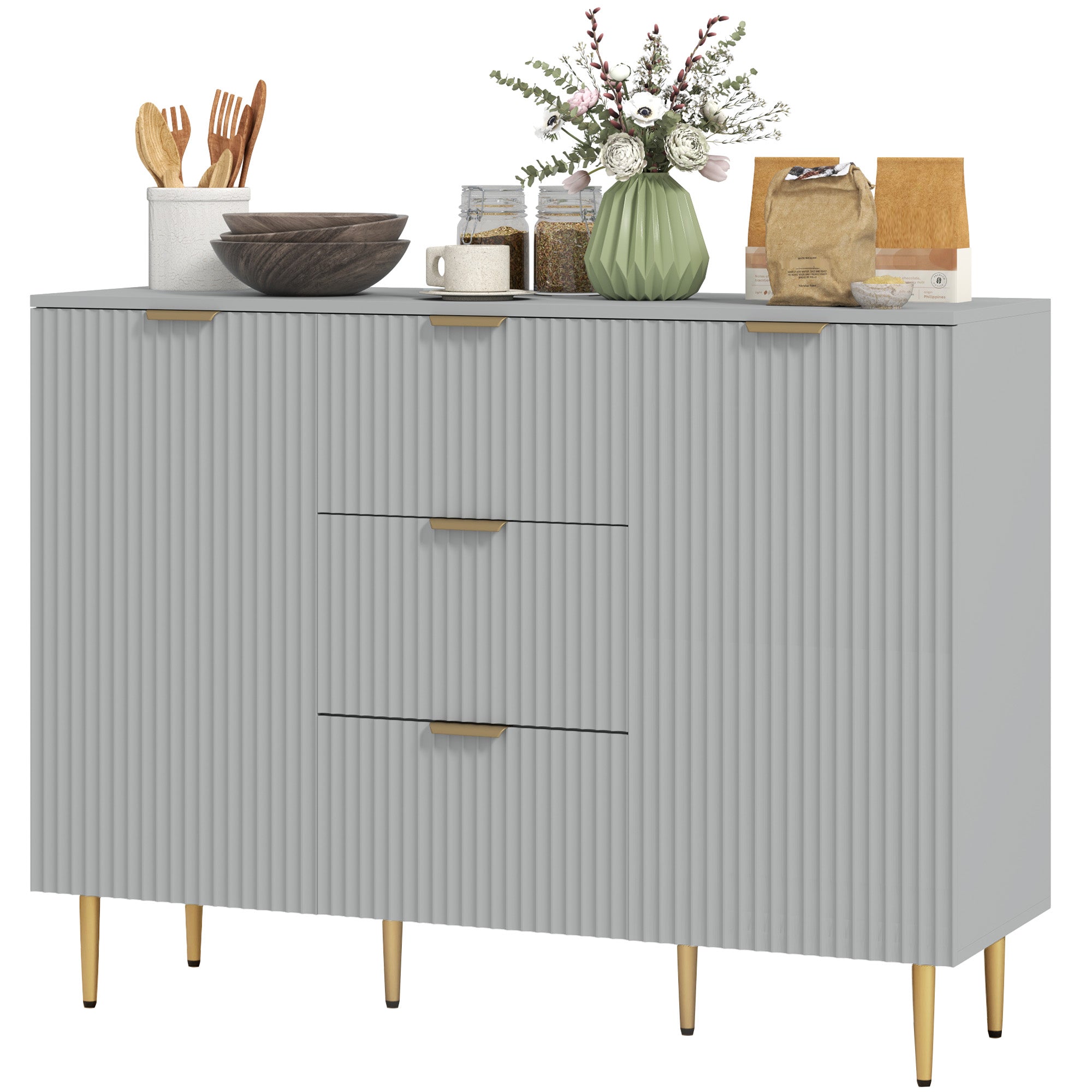 HOMCOM Sideboard Buffet Cabinet, Modern Kitchen Storage Cabinet with 3  Drawers and Adjustable Shelves, Fluted Coffee Bar Cabinet with Metal Legs for Kitchen Hallway, Grey