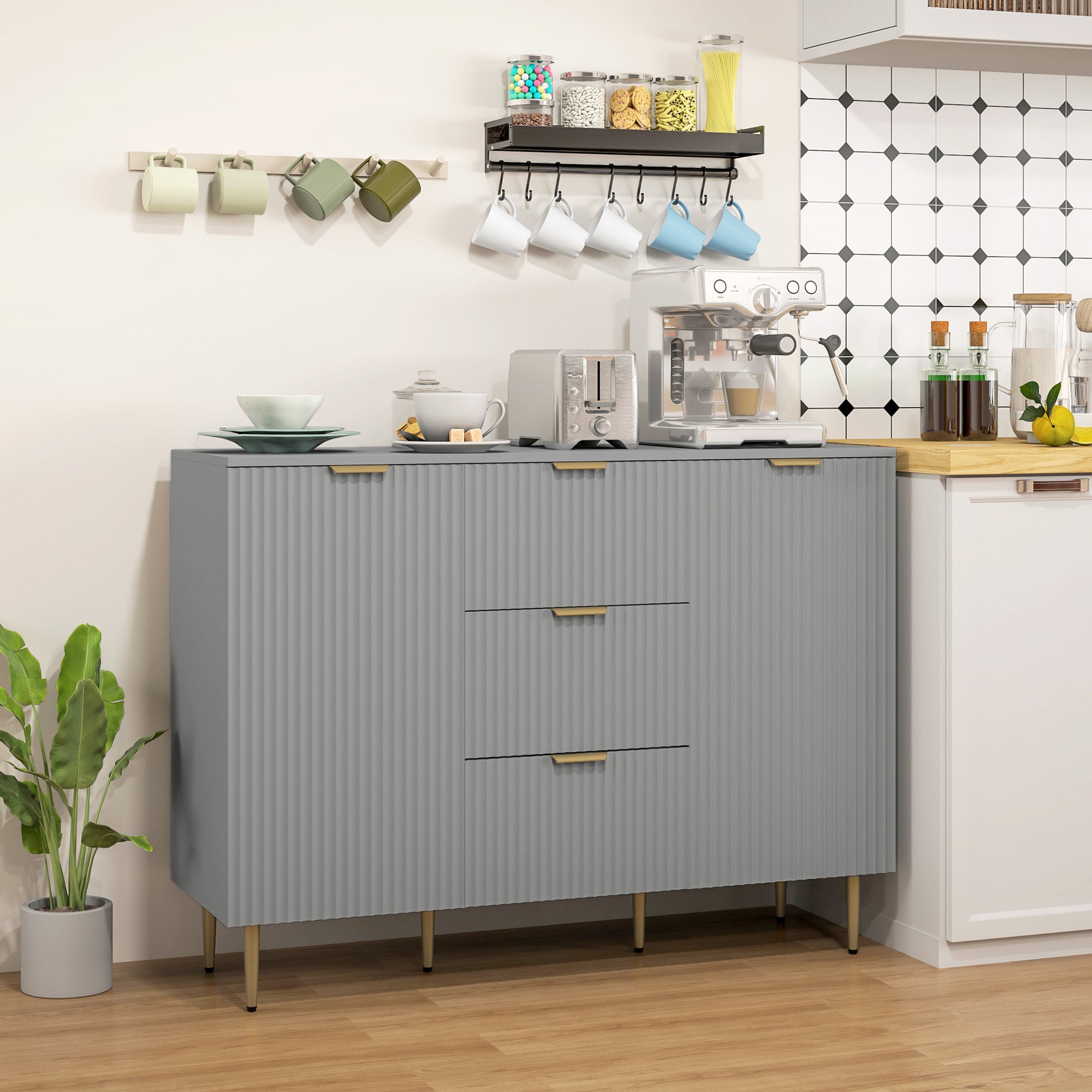 HOMCOM Sideboard Buffet Cabinet, Modern Kitchen Storage Cabinet with 3  Drawers and Adjustable Shelves, Fluted Coffee Bar Cabinet with Metal Legs for Kitchen Hallway, Grey