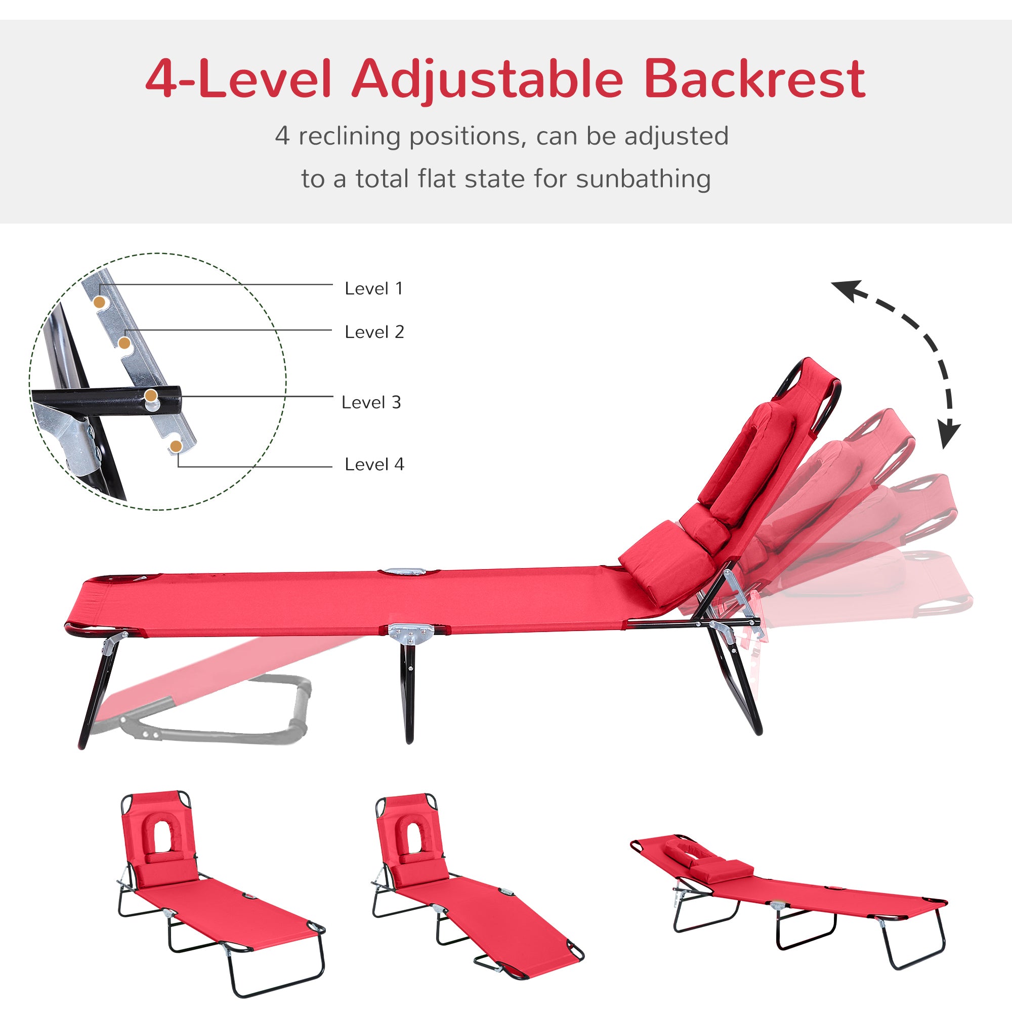 Outsunny Adjustable Outdoor Lounge Chair, Garden Folding Chaise Lounge w/ Reading Hole Reclining Tanning Chair Seat, Folding Camping Beach Lounging Bed with Support Pillow, Red