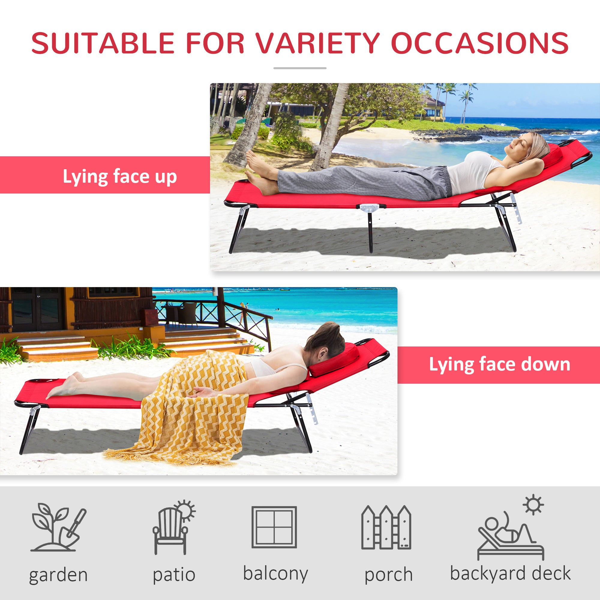 Outsunny Adjustable Outdoor Lounge Chair, Garden Folding Chaise Lounge w/ Reading Hole Reclining Tanning Chair Seat, Folding Camping Beach Lounging Bed with Support Pillow, Red