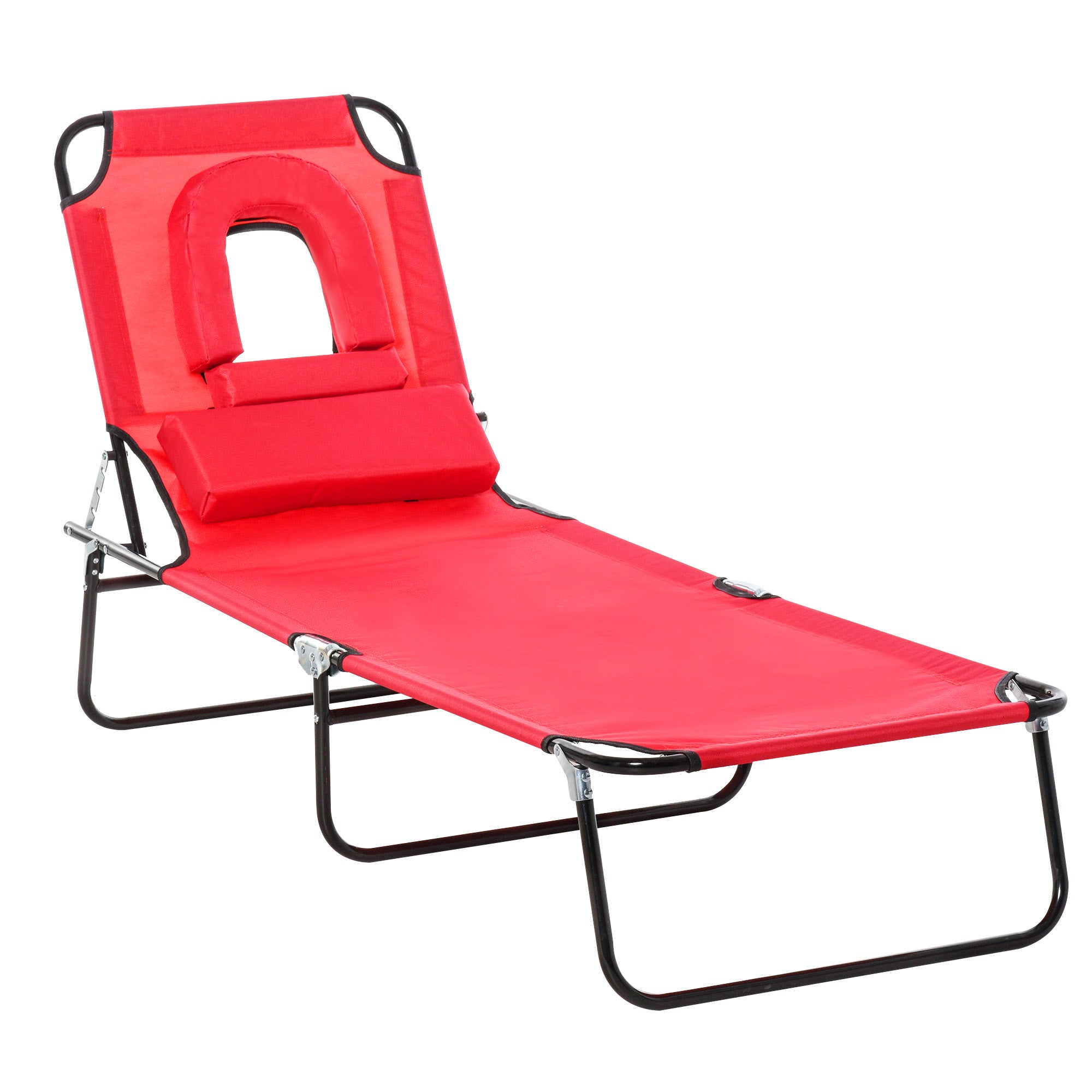 Outsunny Adjustable Outdoor Lounge Chair, Garden Folding Chaise Lounge w/ Reading Hole Reclining Tanning Chair Seat, Folding Camping Beach Lounging Bed with Support Pillow, Red