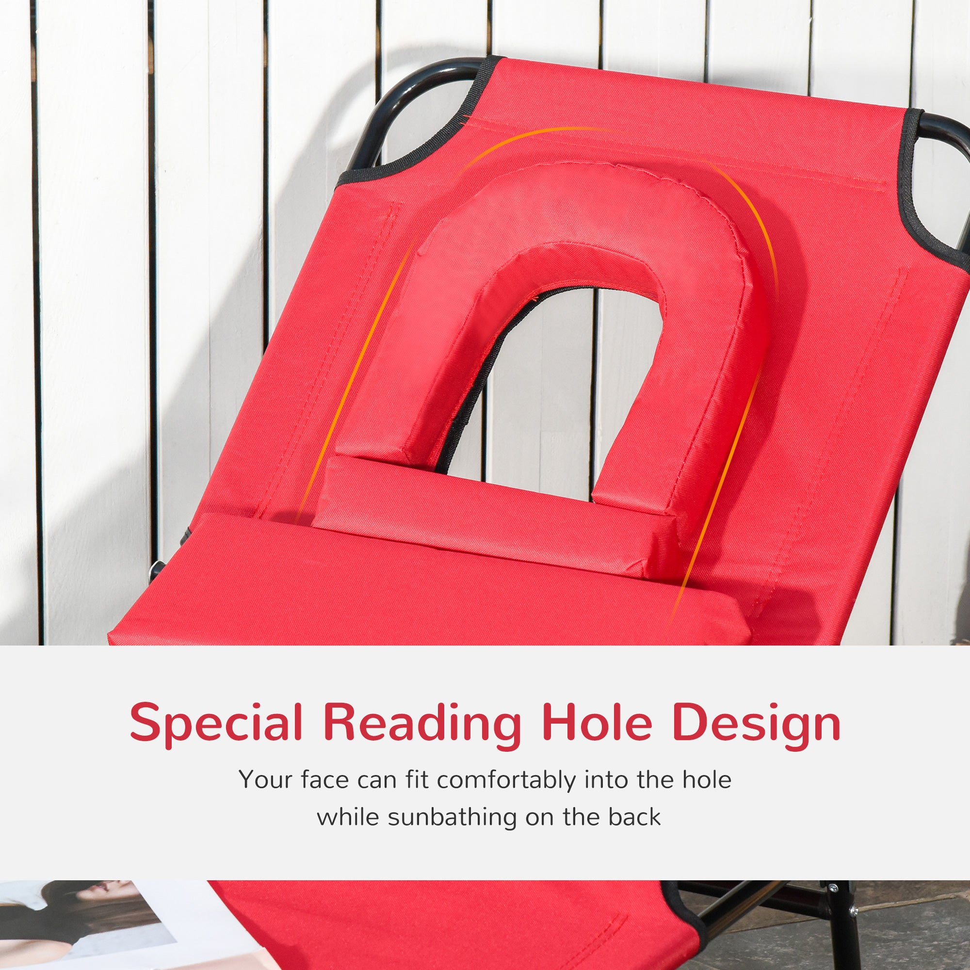 Outsunny Adjustable Outdoor Lounge Chair, Garden Folding Chaise Lounge w/ Reading Hole Reclining Tanning Chair Seat, Folding Camping Beach Lounging Bed with Support Pillow, Red