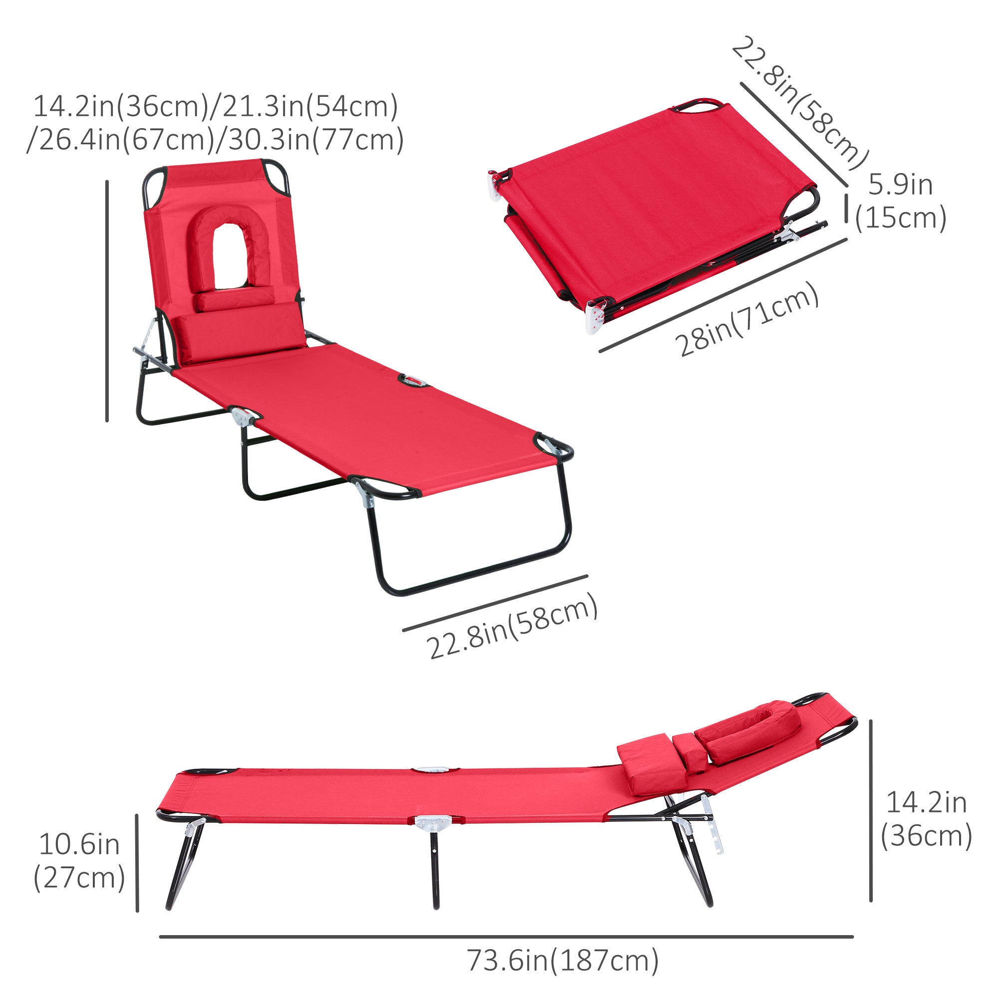Outsunny Adjustable Outdoor Lounge Chair, Garden Folding Chaise Lounge w/ Reading Hole Reclining Tanning Chair Seat, Folding Camping Beach Lounging Bed with Support Pillow, Red