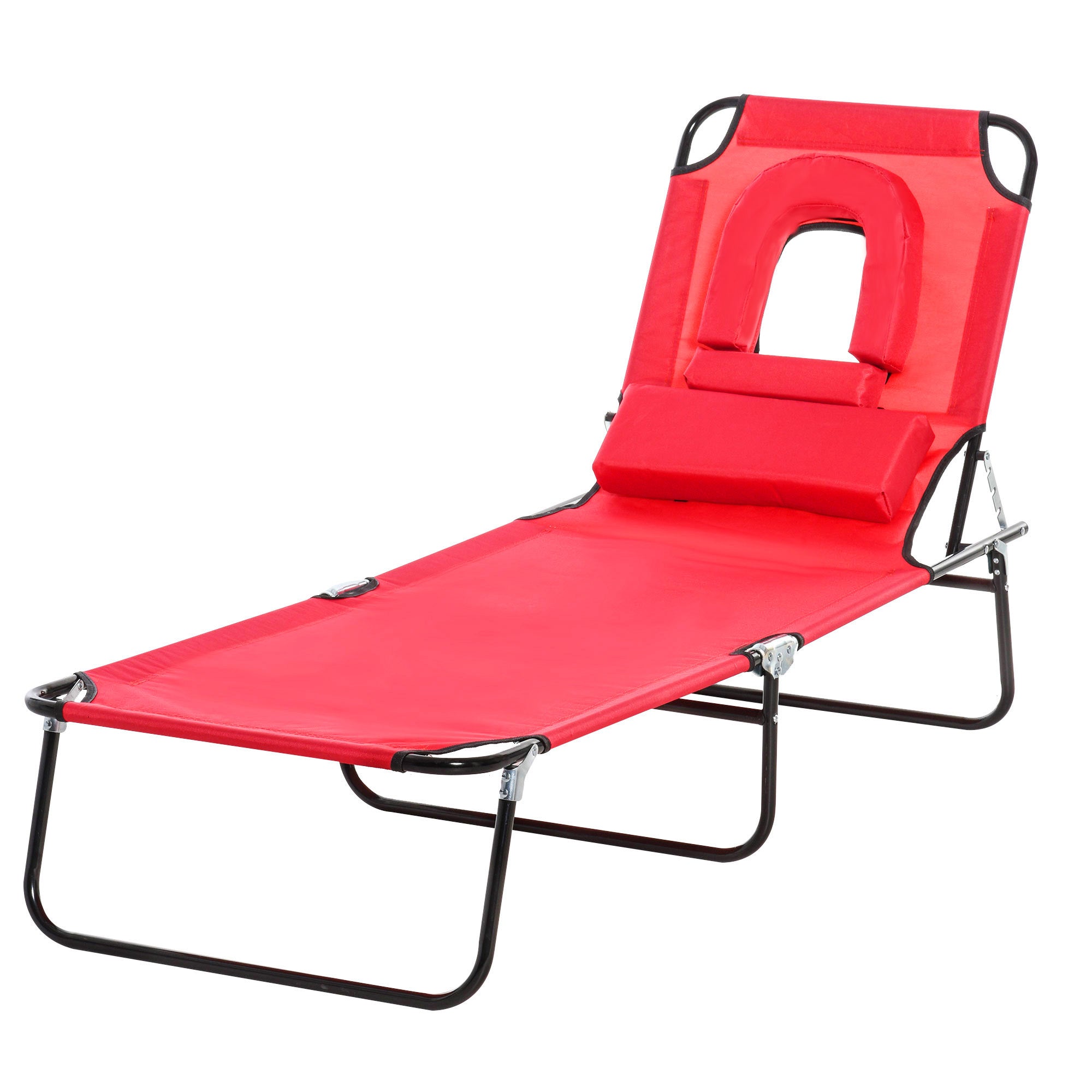 Outsunny Adjustable Outdoor Lounge Chair, Garden Folding Chaise Lounge w/ Reading Hole Reclining Tanning Chair Seat, Folding Camping Beach Lounging Bed with Support Pillow, Red