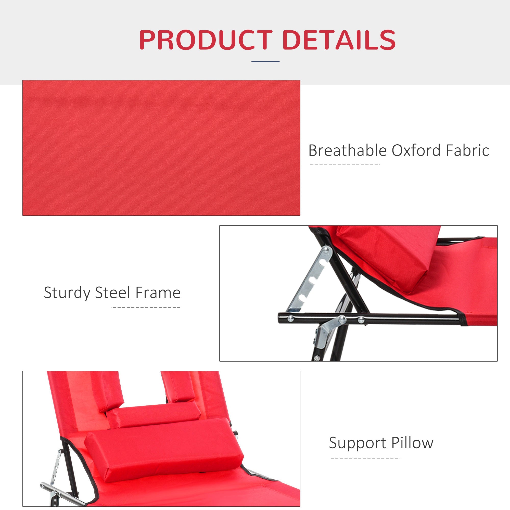 Outsunny Adjustable Outdoor Lounge Chair, Garden Folding Chaise Lounge w/ Reading Hole Reclining Tanning Chair Seat, Folding Camping Beach Lounging Bed with Support Pillow, Red