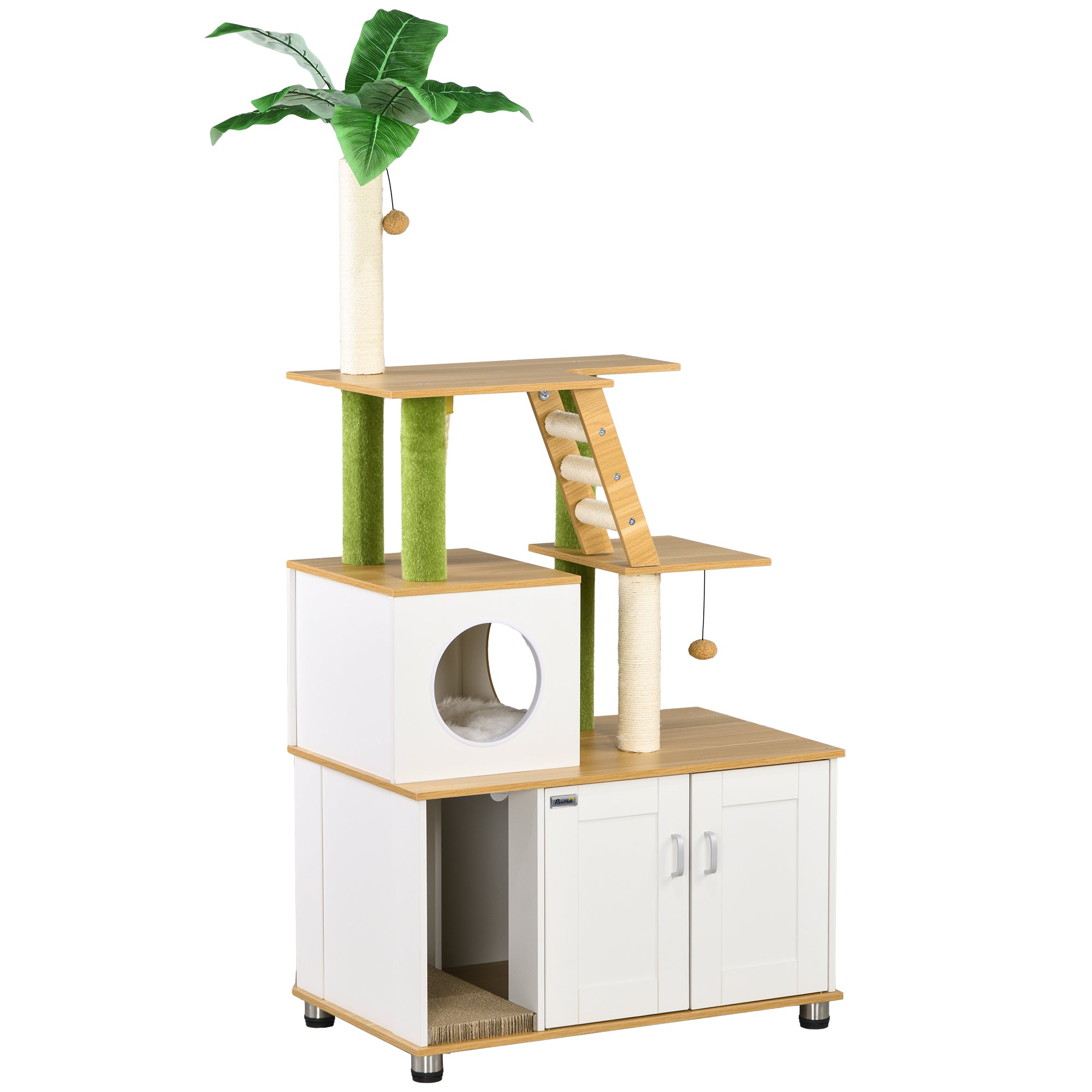 PawHut Cat Tree with Hidden Litter Box Enclosure, 2-in-1 Green Leaf Cat Tower, Litter Box Furniture with House, Ladder, Scratching Posts, Platforms, for Indoor Use - Oak