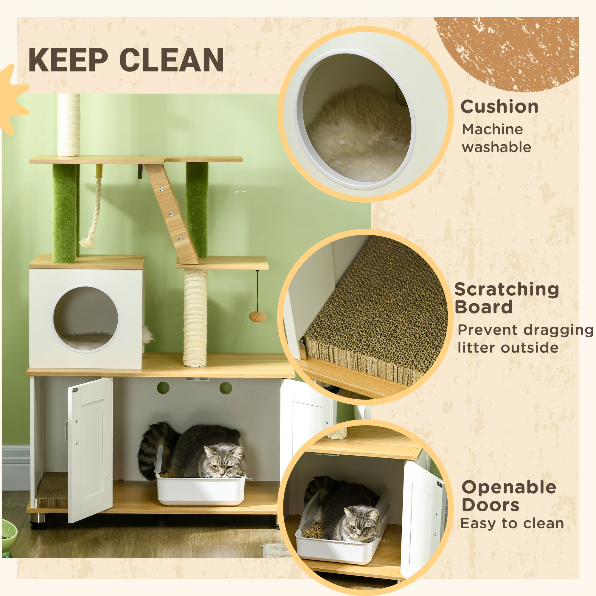 PawHut Cat Tree with Hidden Litter Box Enclosure, 2-in-1 Green Leaf Cat Tower, Litter Box Furniture with House, Ladder, Scratching Posts, Platforms, for Indoor Use - Oak