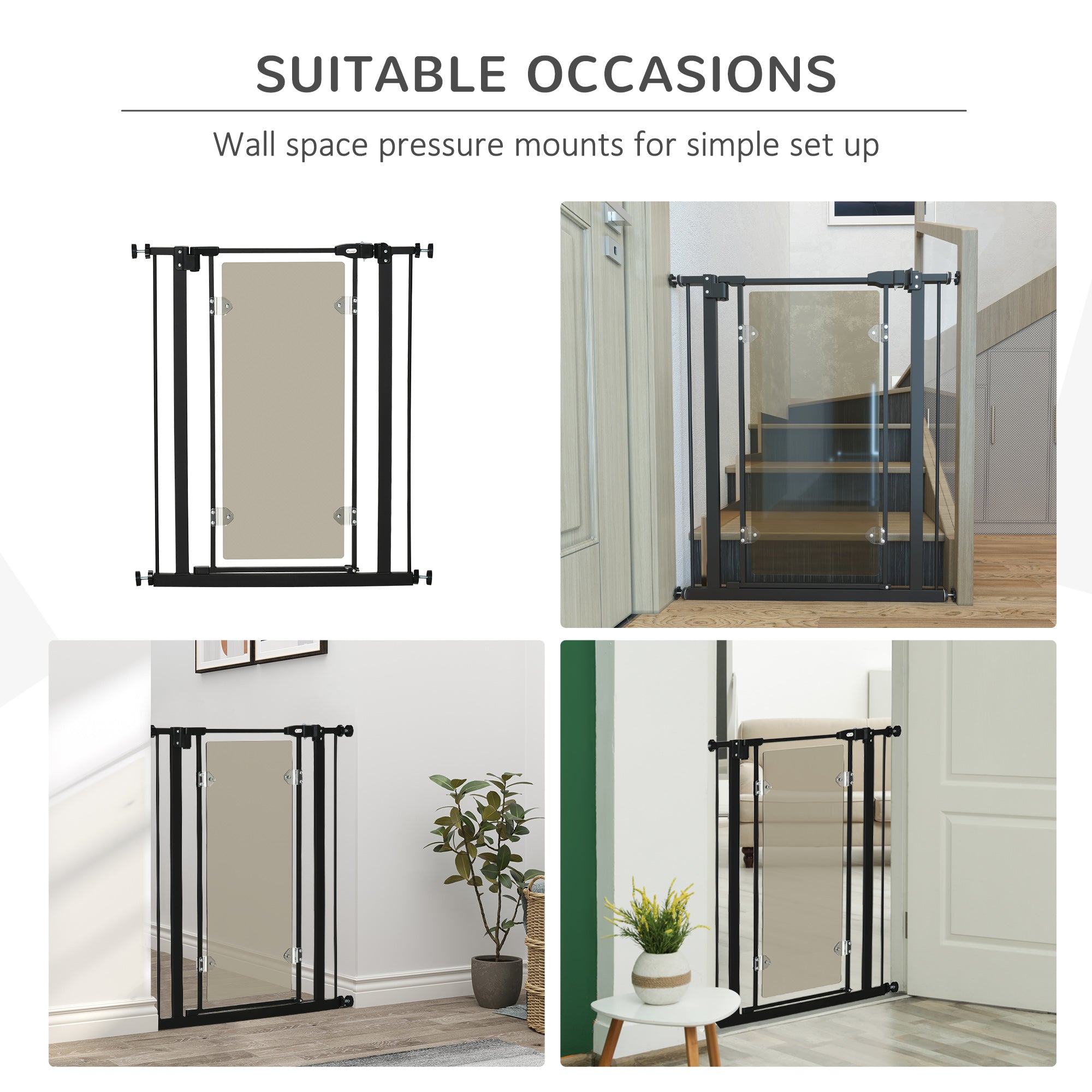 PawHut Pressure Fit Safety Gate for Doorways and Staircases, Dog Gate with Auto Closing Door, Pet Barrier for Hallways with Double Locking, Acrylic Panel, 76-82 cm - Black