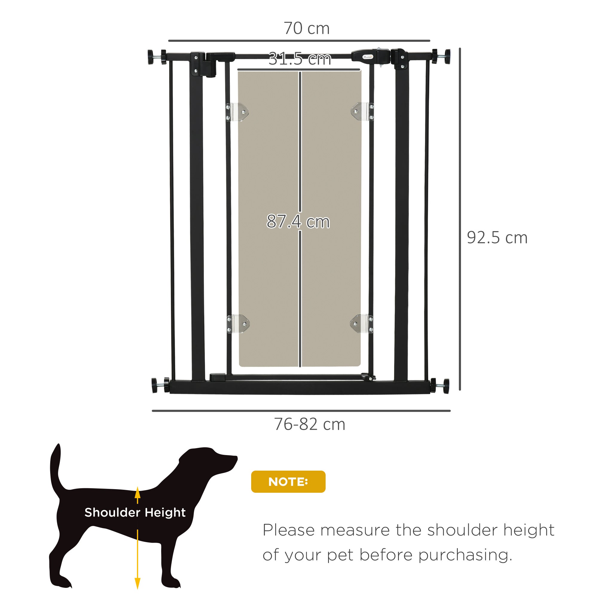 PawHut Pressure Fit Safety Gate for Doorways and Staircases, Dog Gate with Auto Closing Door, Pet Barrier for Hallways with Double Locking, Acrylic Panel, 76-82 cm - Black