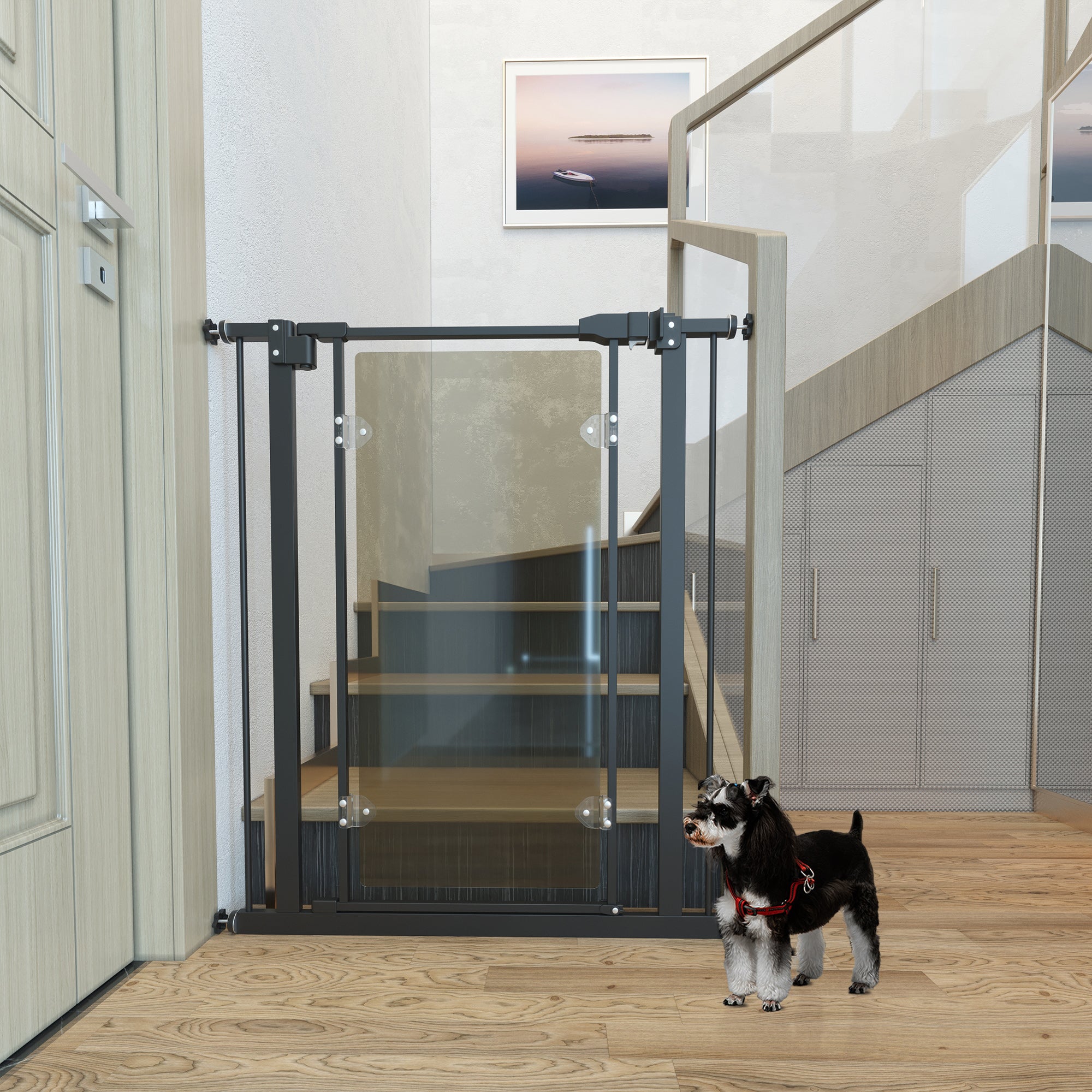 PawHut Pressure Fit Safety Gate for Doorways and Staircases, Dog Gate with Auto Closing Door, Pet Barrier for Hallways with Double Locking, Acrylic Panel, 76-82 cm - Black