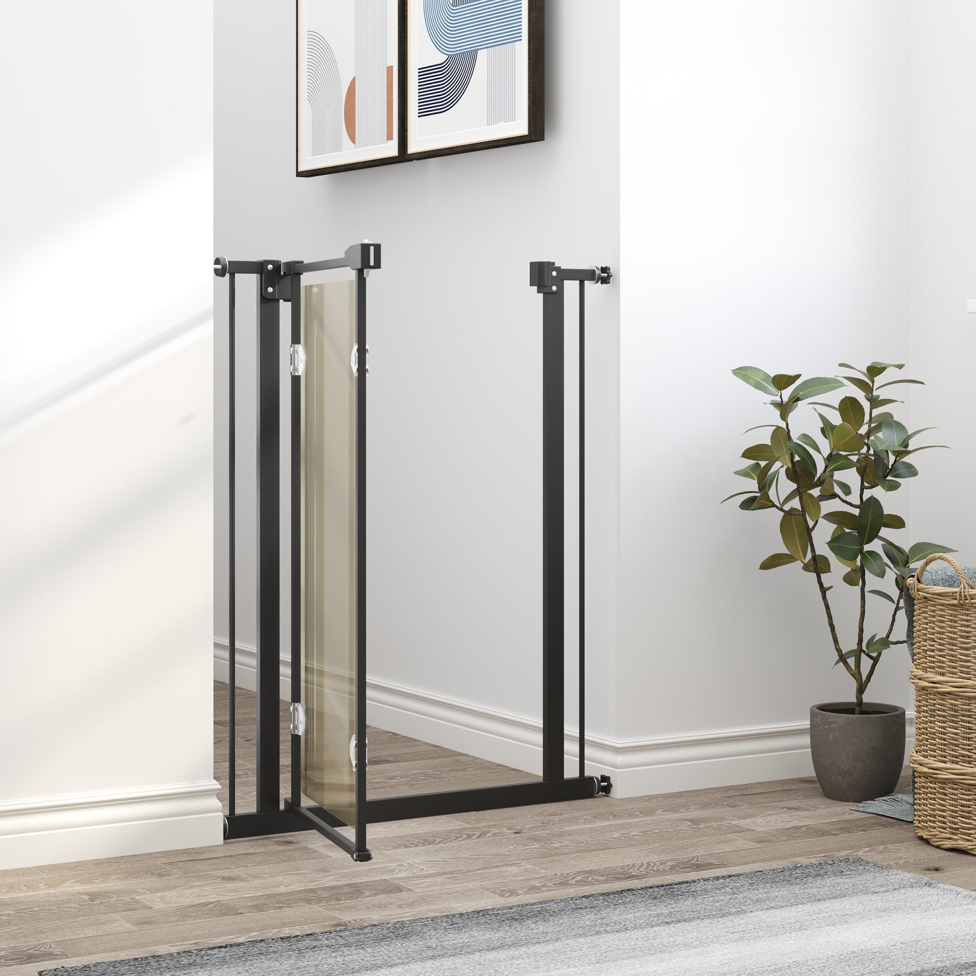 PawHut Pressure Fit Safety Gate for Doorways and Staircases, Dog Gate with Auto Closing Door, Pet Barrier for Hallways with Double Locking, Acrylic Panel, 76-82 cm - Black