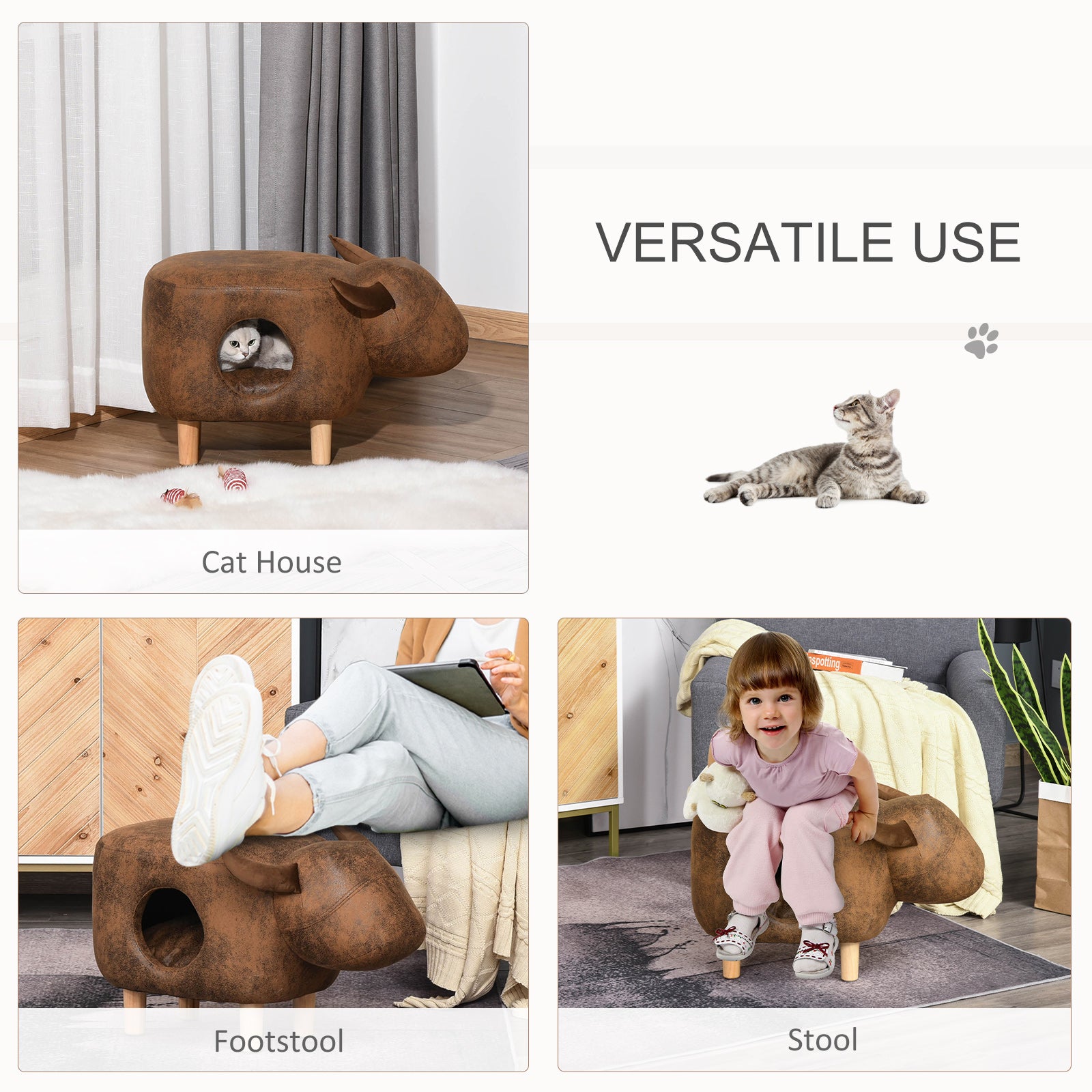 PawHut Cat House Animal Footstool Buffalo Ottoman Pet Condo Cave w/ Sleeping Cushion, Brown