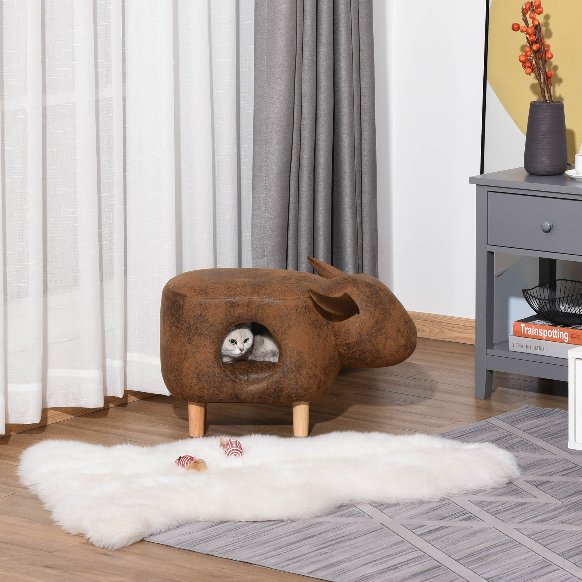 PawHut Cat House Animal Footstool Buffalo Ottoman Pet Condo Cave w/ Sleeping Cushion, Brown