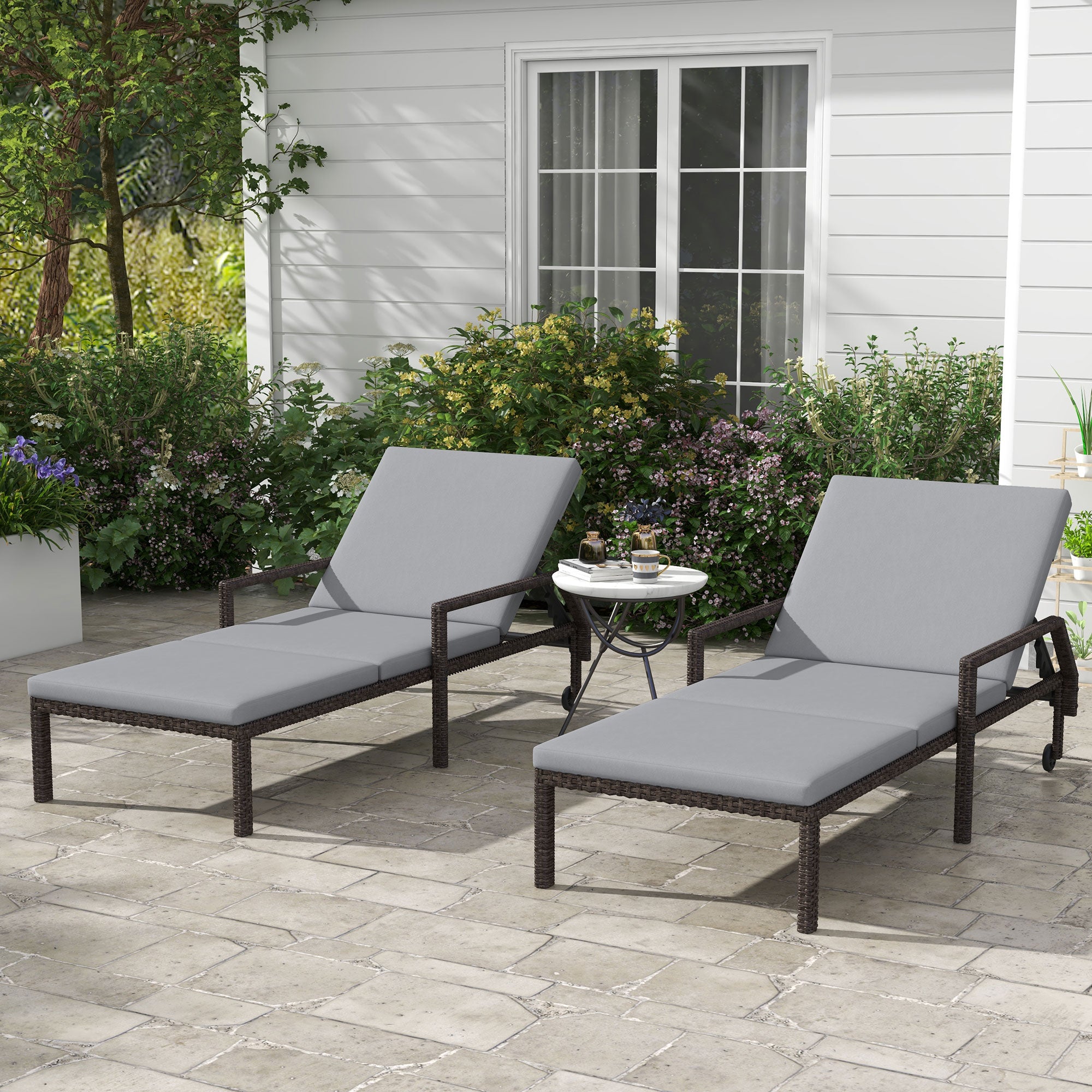 Outsunny 2 Piece Wicker Chaise Lounger PE Rattan Outdoor Lounge Chair Garden Chair Recliner with 5-Level Adjustable Backrest and 2 Wheels, Grey