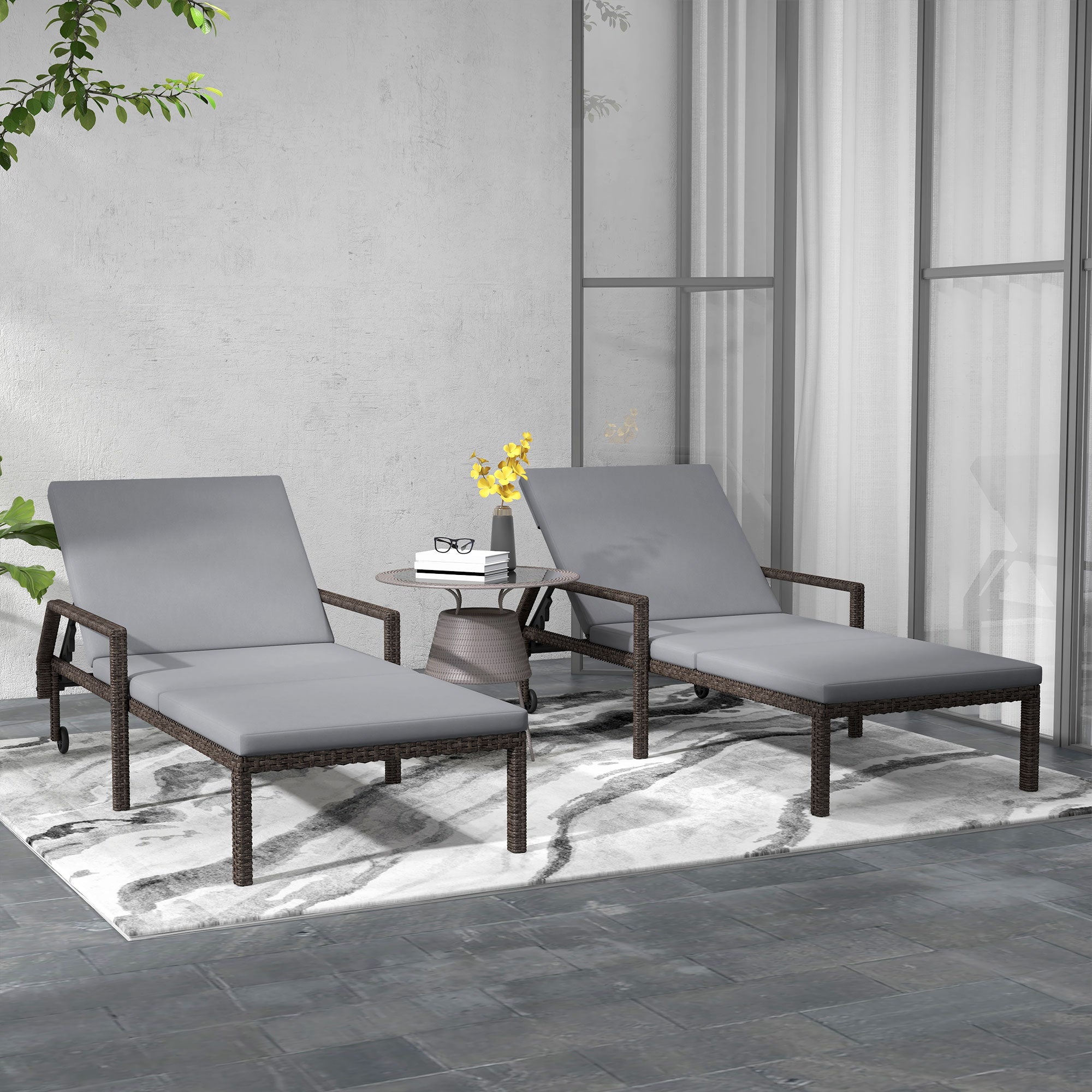 Outsunny 2 Piece Wicker Chaise Lounger PE Rattan Outdoor Lounge Chair Garden Chair Recliner with 5-Level Adjustable Backrest and 2 Wheels, Grey