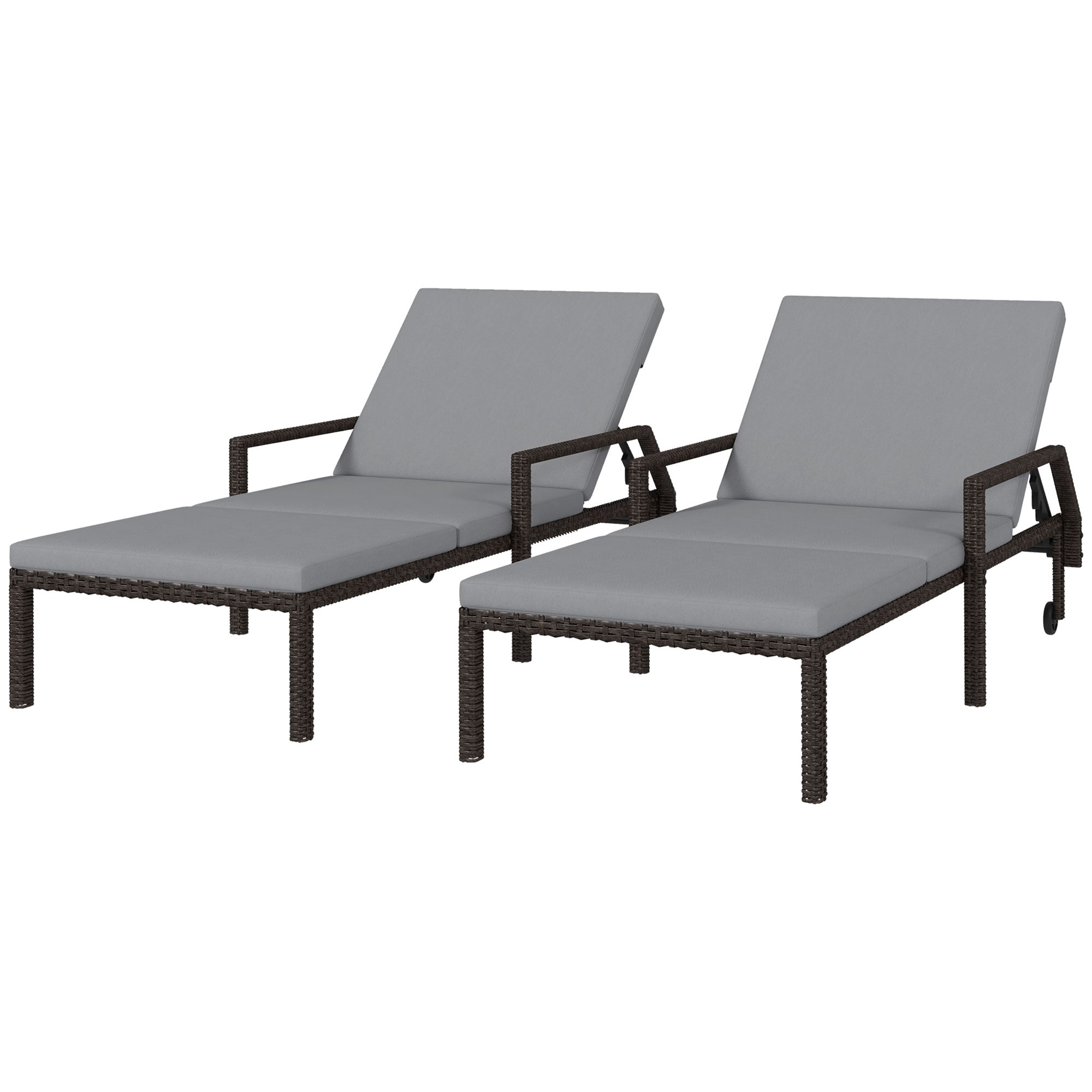 Outsunny 2 Piece Wicker Chaise Lounger PE Rattan Outdoor Lounge Chair Garden Chair Recliner with 5-Level Adjustable Backrest and 2 Wheels, Grey