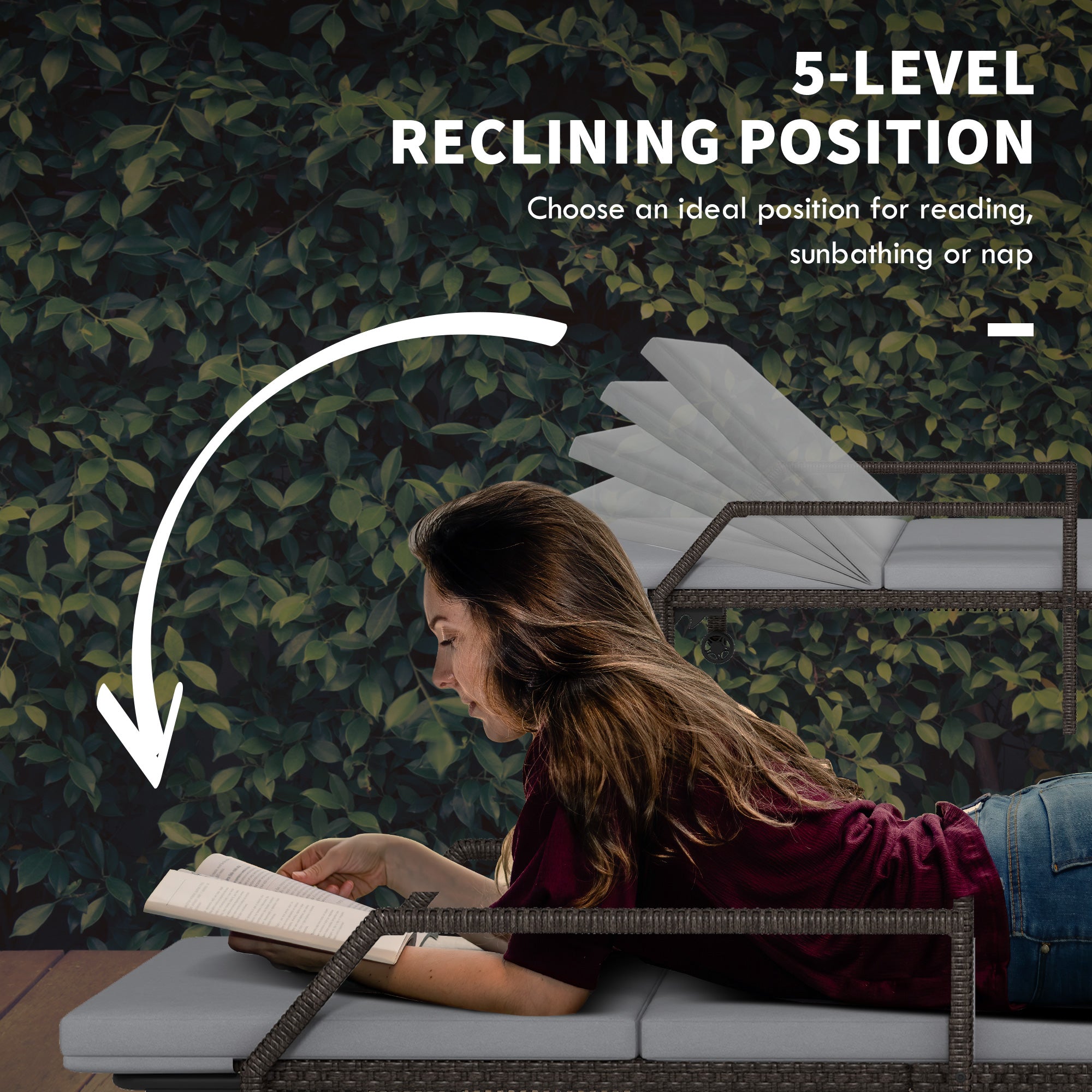 Outsunny 2 Piece Wicker Chaise Lounger PE Rattan Outdoor Lounge Chair Garden Chair Recliner with 5-Level Adjustable Backrest and 2 Wheels, Grey