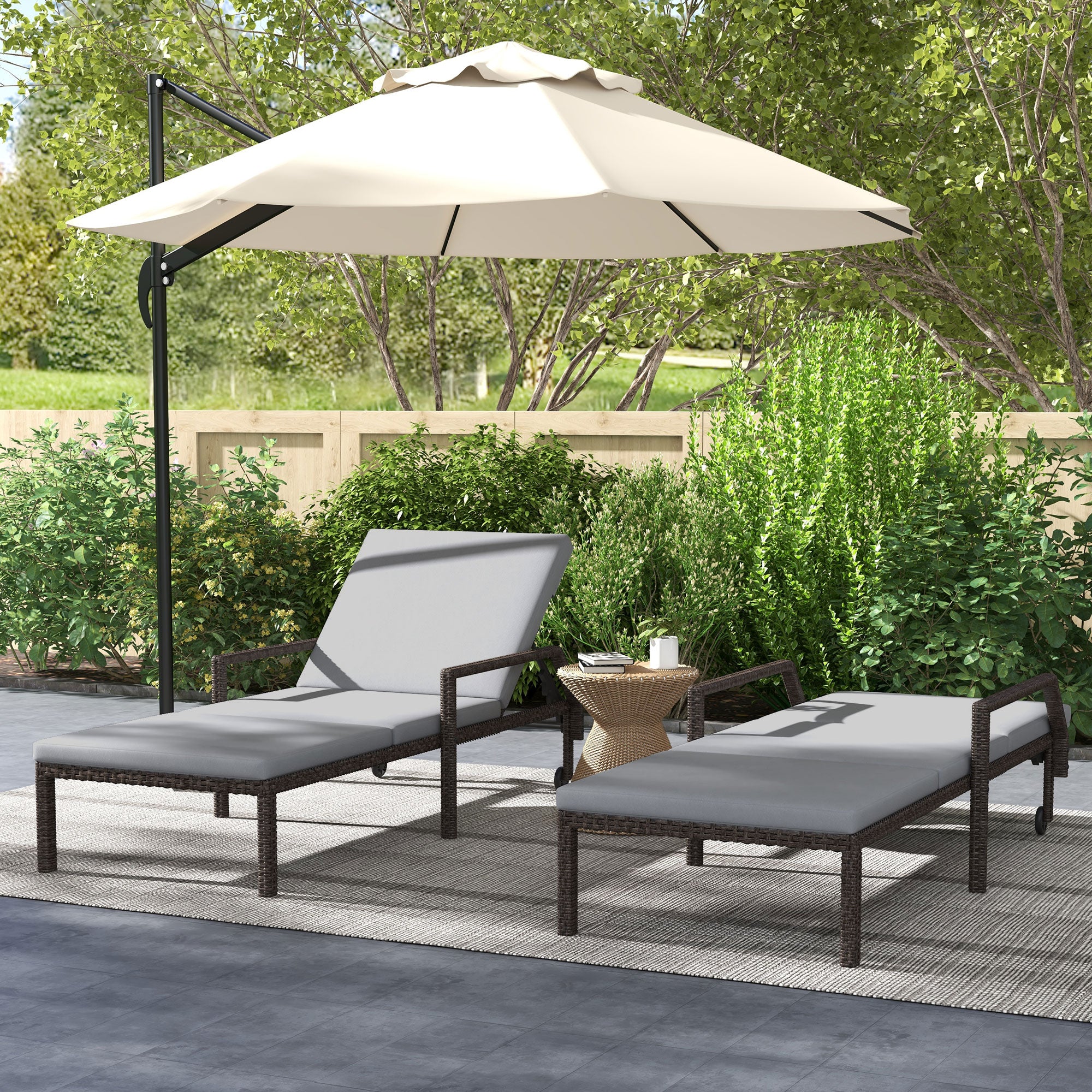 Outsunny 2 Piece Wicker Chaise Lounger PE Rattan Outdoor Lounge Chair Garden Chair Recliner with 5-Level Adjustable Backrest and 2 Wheels, Grey