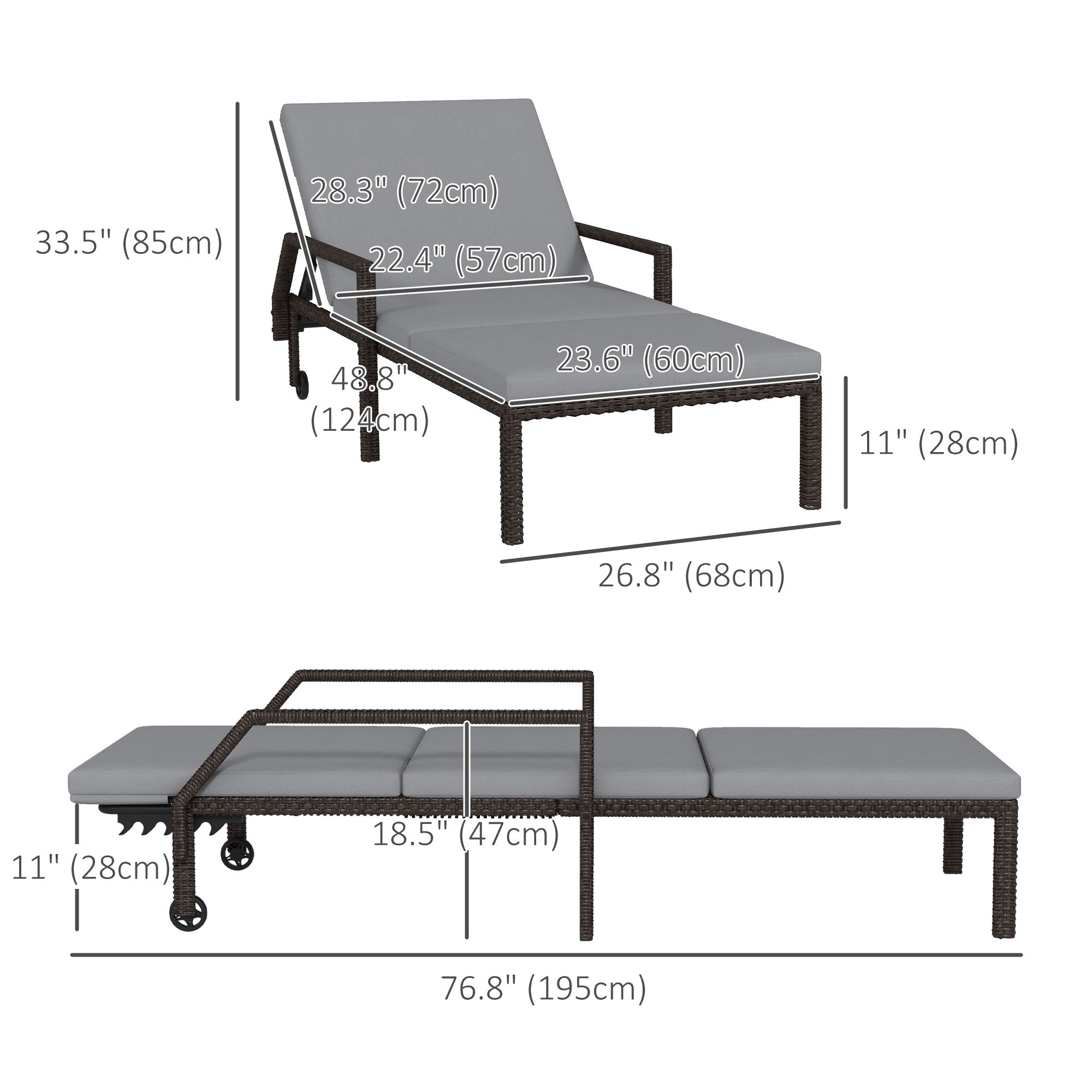 Outsunny 2 Piece Wicker Chaise Lounger PE Rattan Outdoor Lounge Chair Garden Chair Recliner with 5-Level Adjustable Backrest and 2 Wheels, Grey