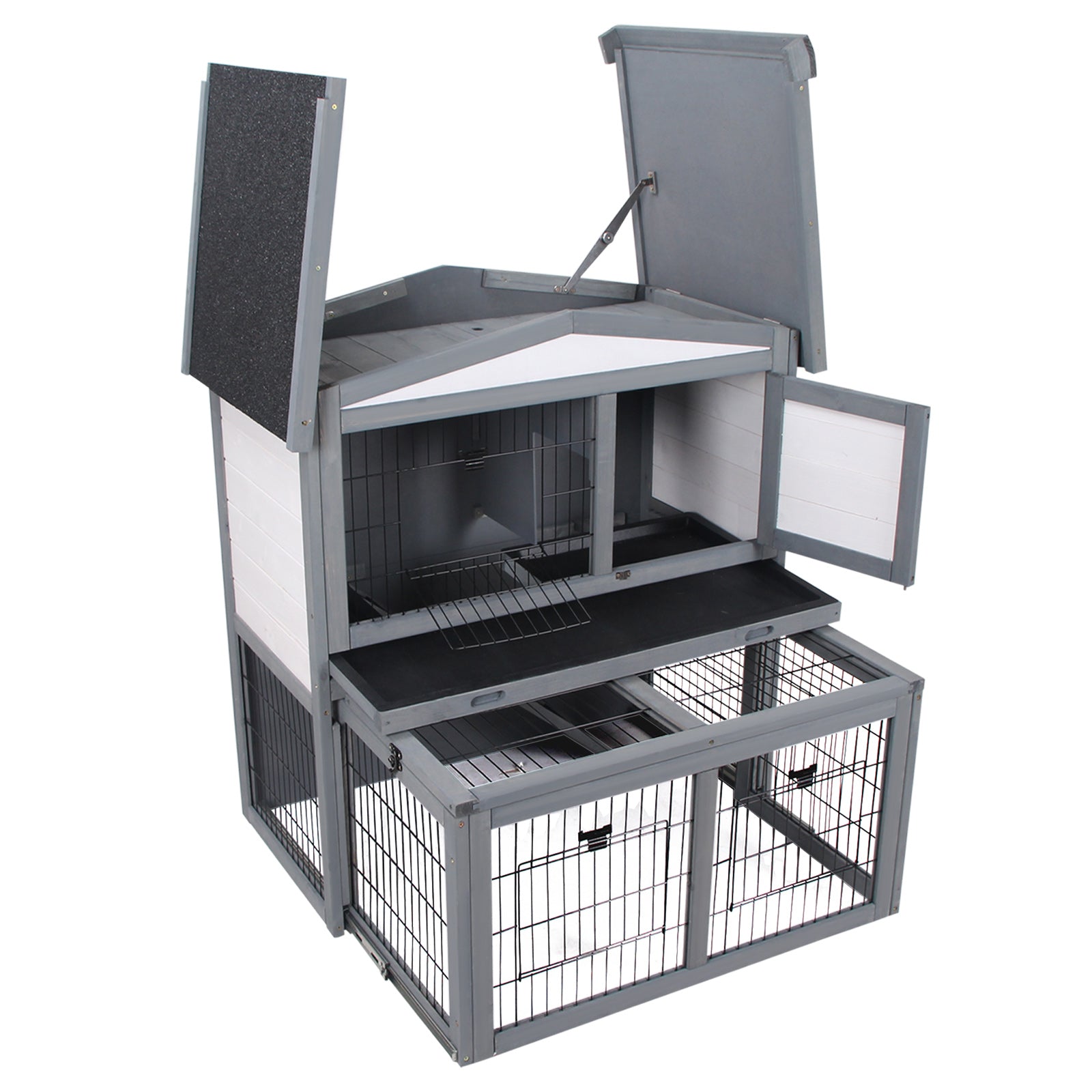 PawHut Deluxe Wooden 2 Story Rabbit Hutch with Slide-Out Outdoor Run, Open Roof