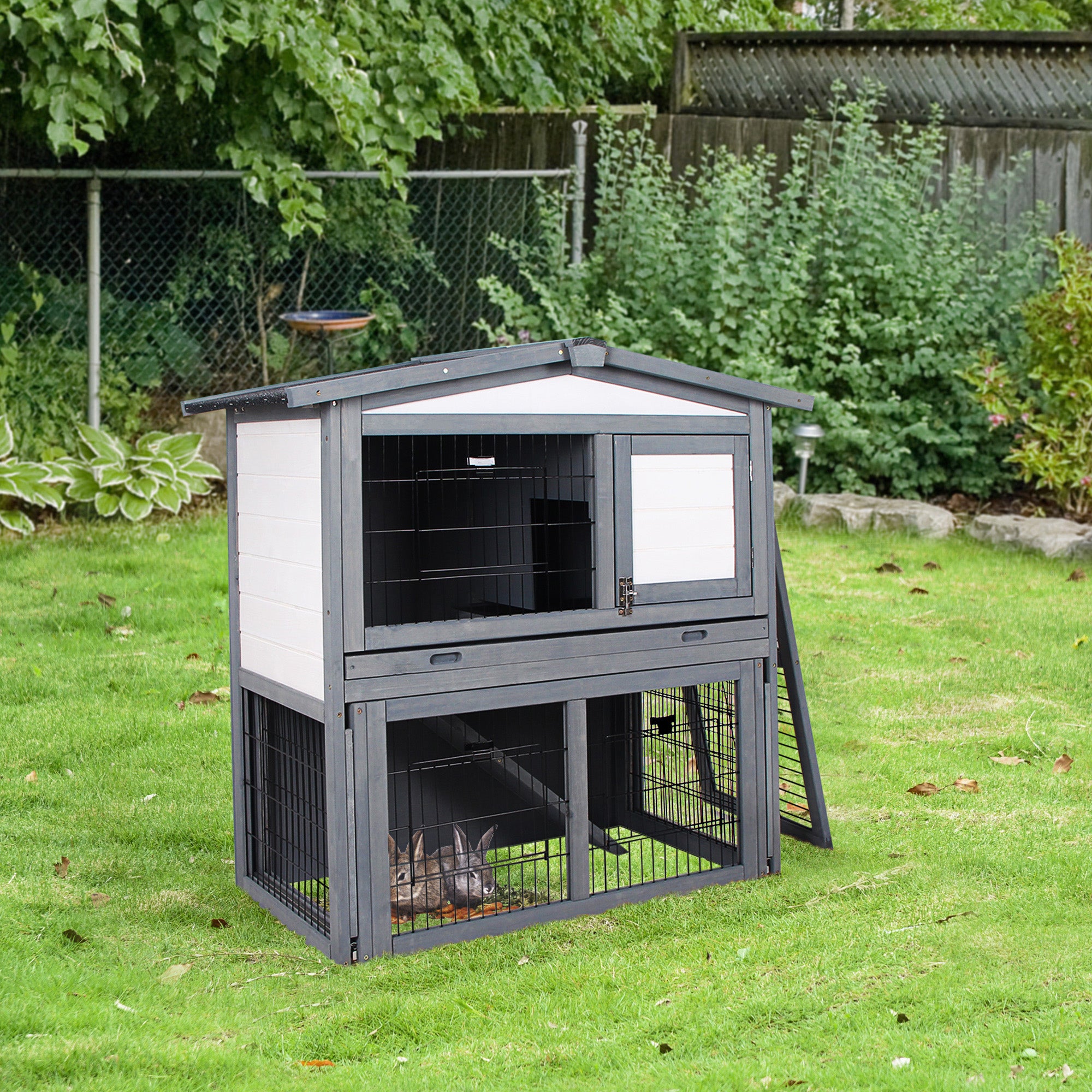 PawHut 2 Tier Wooden Rabbit Hutch Guinea Pig Hutch Small Animal Cage Slide Out Tray Ramp Outdoor Run Openable Roof Grey 101.5 x 90 x 100 cm