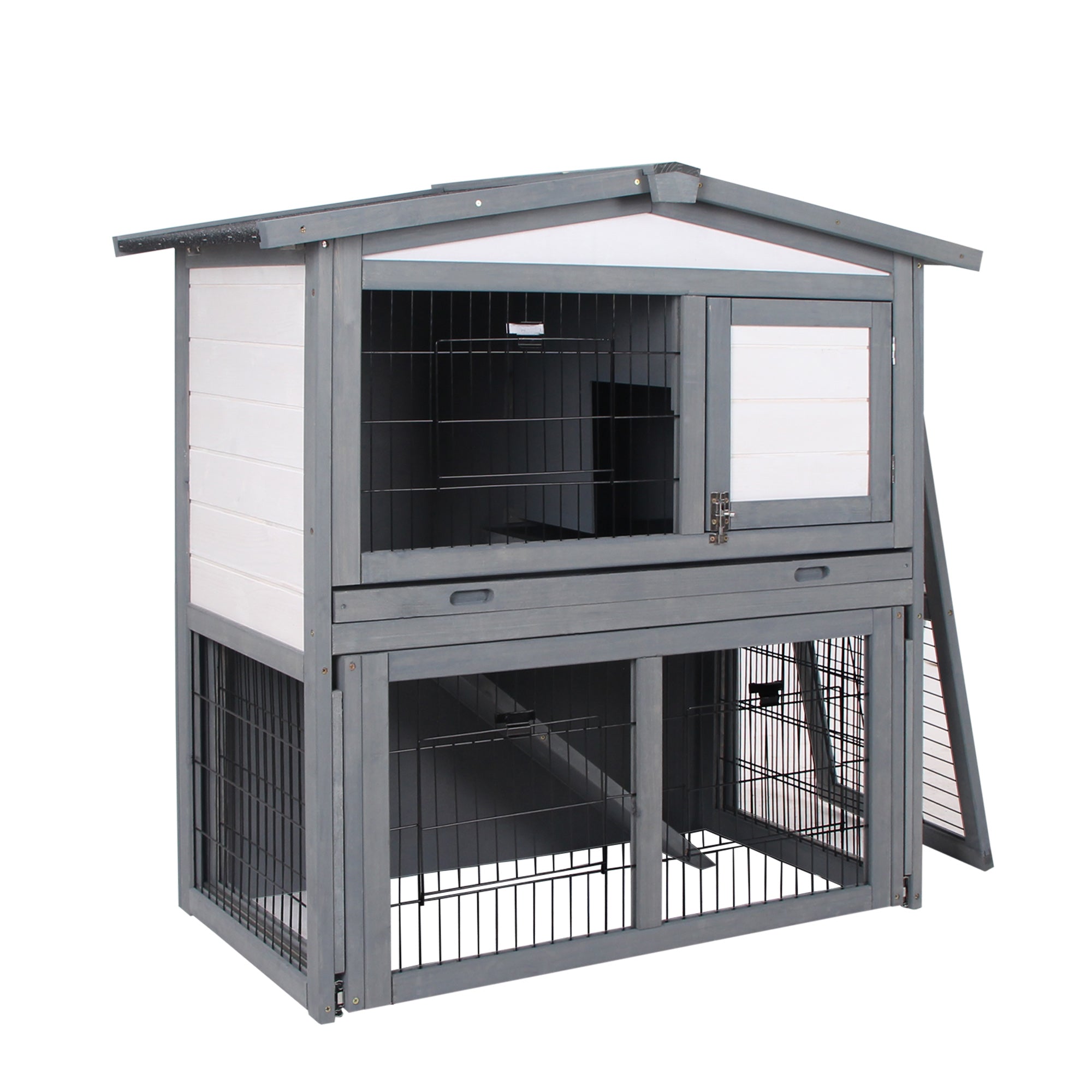 PawHut Deluxe Wooden 2 Story Rabbit Hutch with Slide-Out Outdoor Run, Open Roof