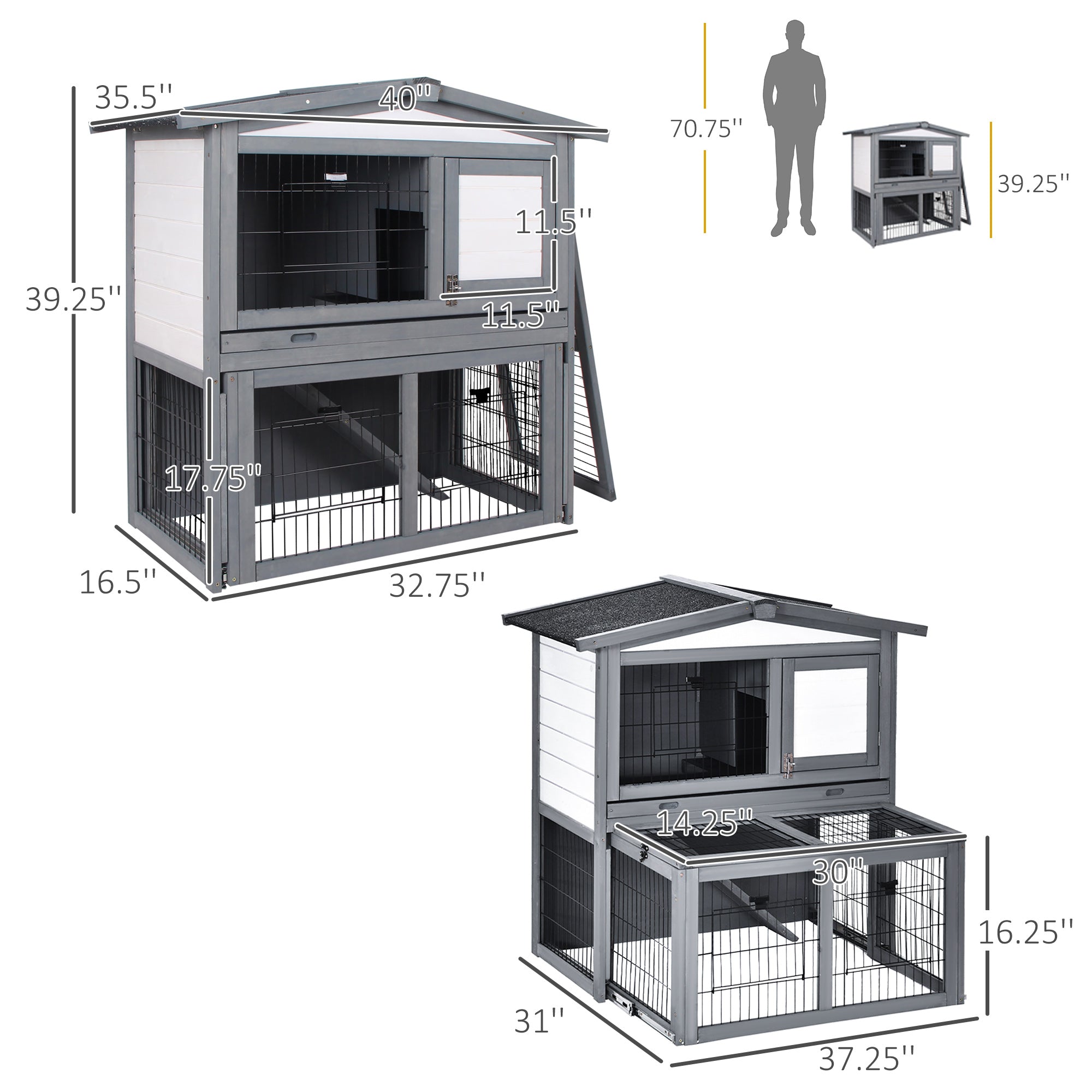 PawHut Deluxe Wooden 2 Story Rabbit Hutch with Slide-Out Outdoor Run, Open Roof