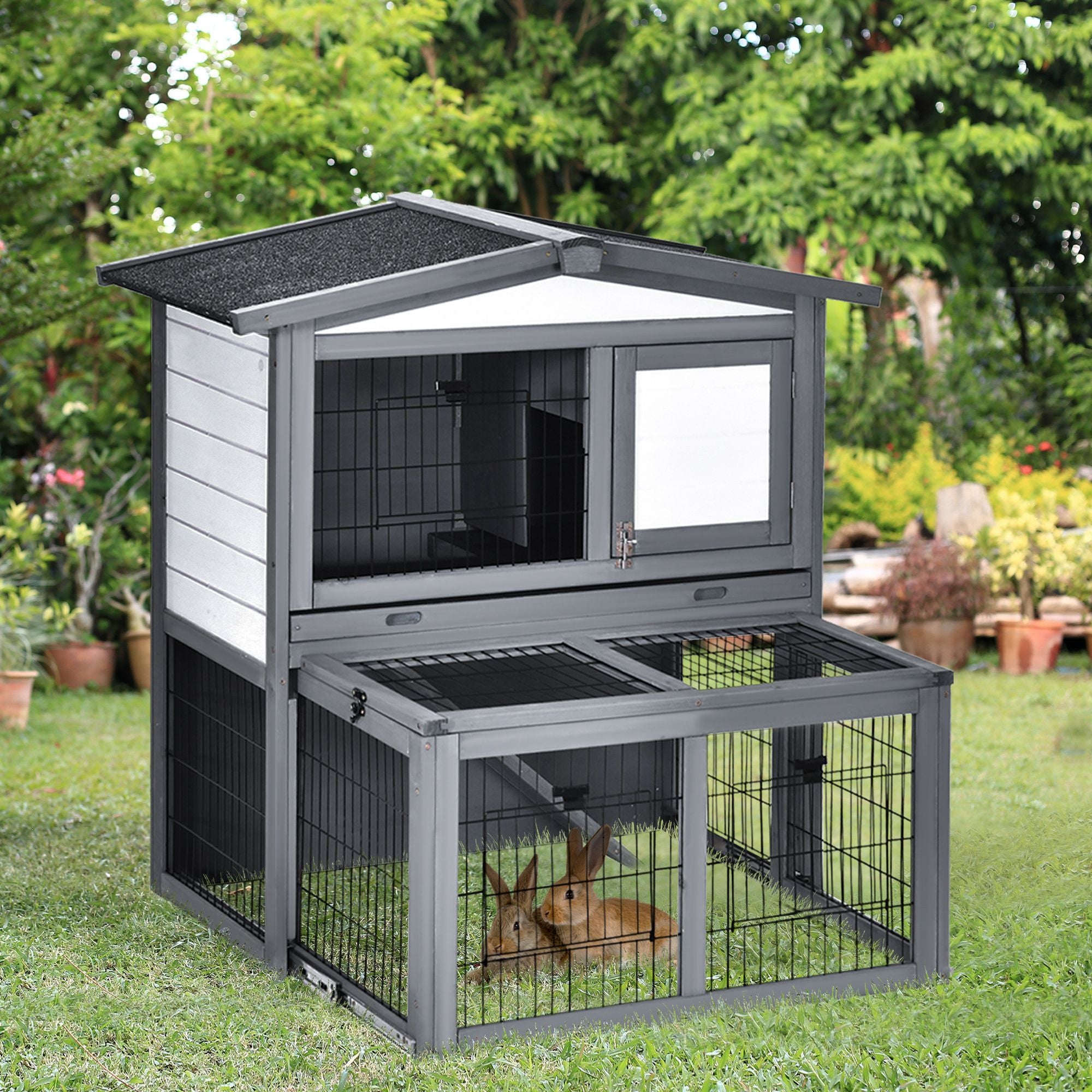 PawHut Deluxe Wooden 2 Story Rabbit Hutch with Slide-Out Outdoor Run, Open Roof