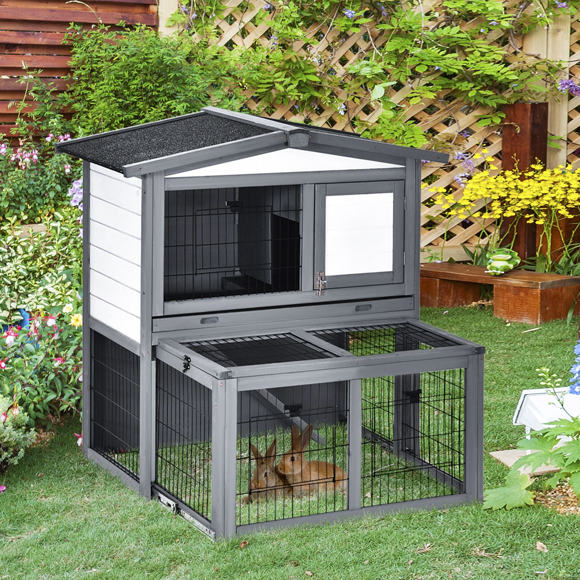 PawHut Deluxe Wooden 2 Story Rabbit Hutch with Slide-Out Outdoor Run, Open Roof