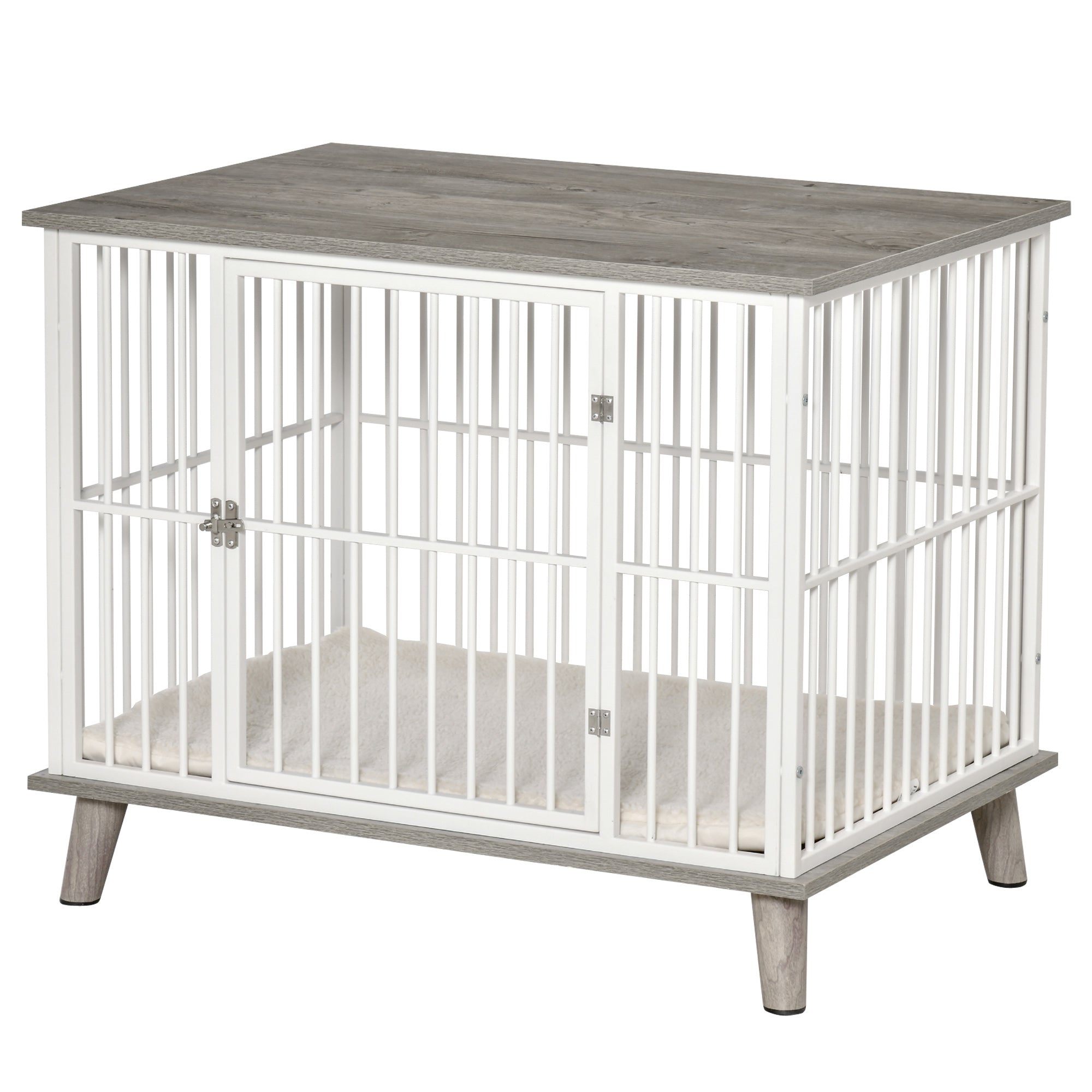 PawHut Dog Crate Furniture, Wooden End Table with Cushion & Lockable Door, Medium Size Pet Crate Indoor Puppy Cage, Grey