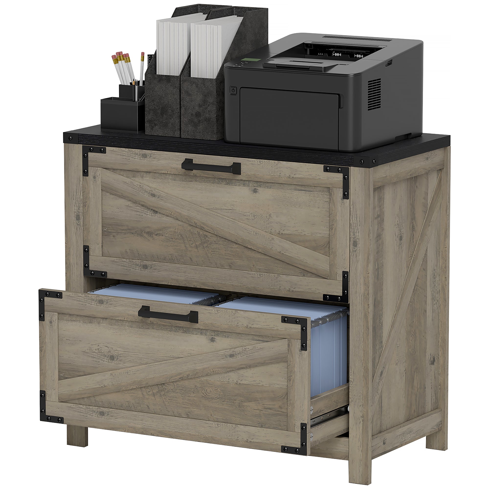 HOMCOM File Cabinet with 2 Drawers, Farmhouse Lateral Filing Cabinet with Adjustable Hanging Bars for Letter, A4 and Legal Size, Printer Stand for Home Office, Grey Wash