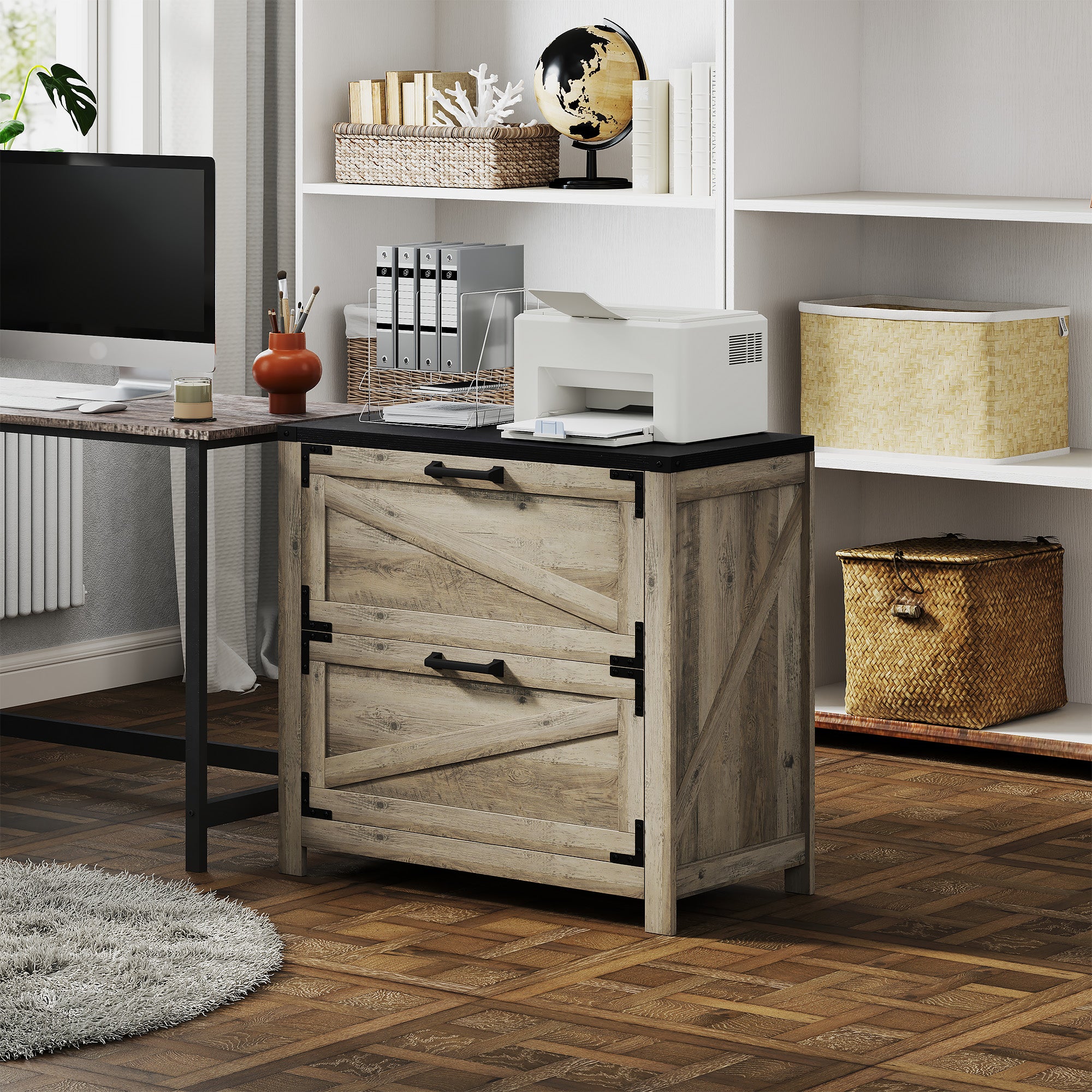 HOMCOM File Cabinet with 2 Drawers, Farmhouse Lateral Filing Cabinet with Adjustable Hanging Bars for Letter, A4 and Legal Size, Printer Stand for Home Office, Grey Wash