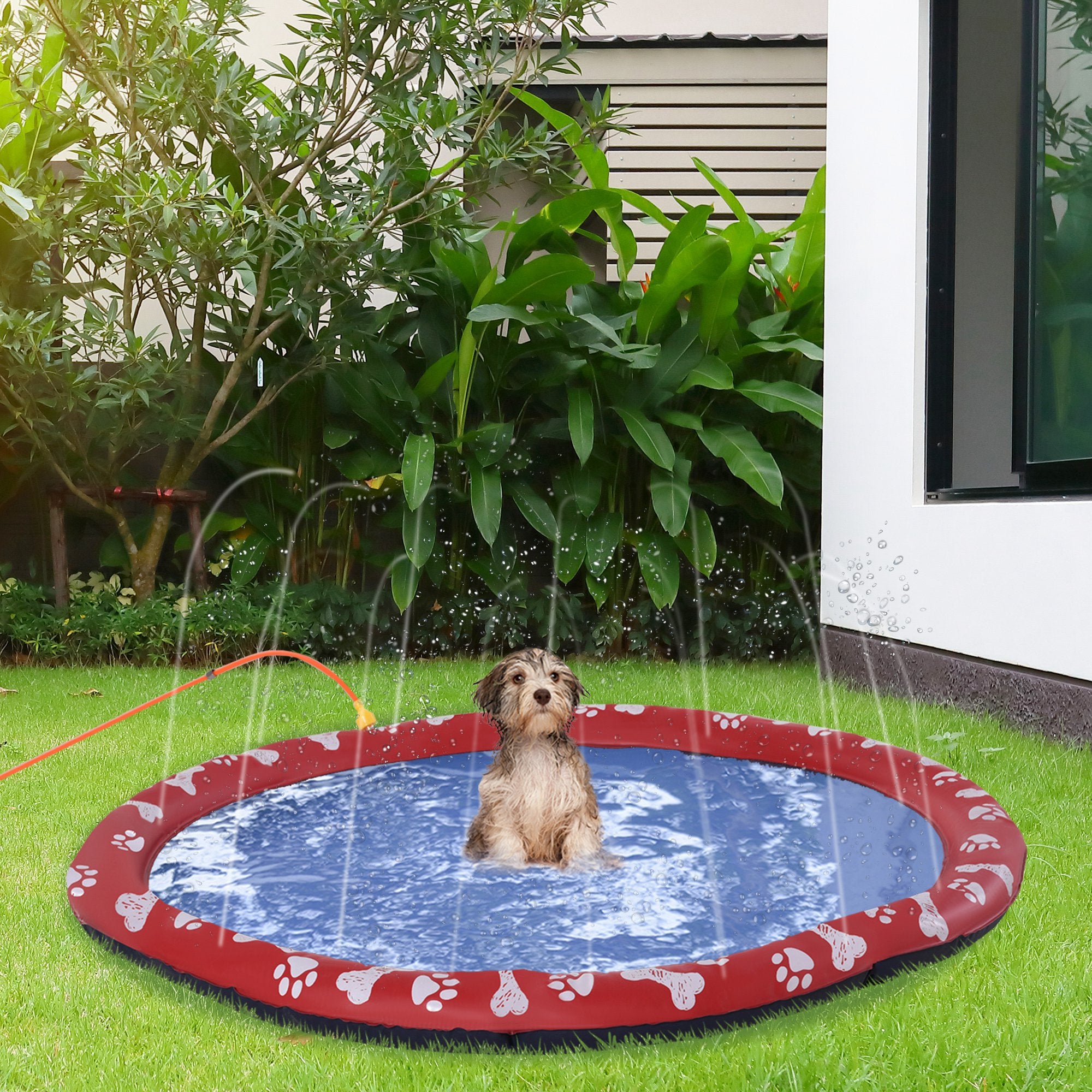 PawHut 170cm Splash Pad Sprinkler for Pets Dog Bath Pool Water Game Mat Toy Non-slip Outdoor Backyard Red