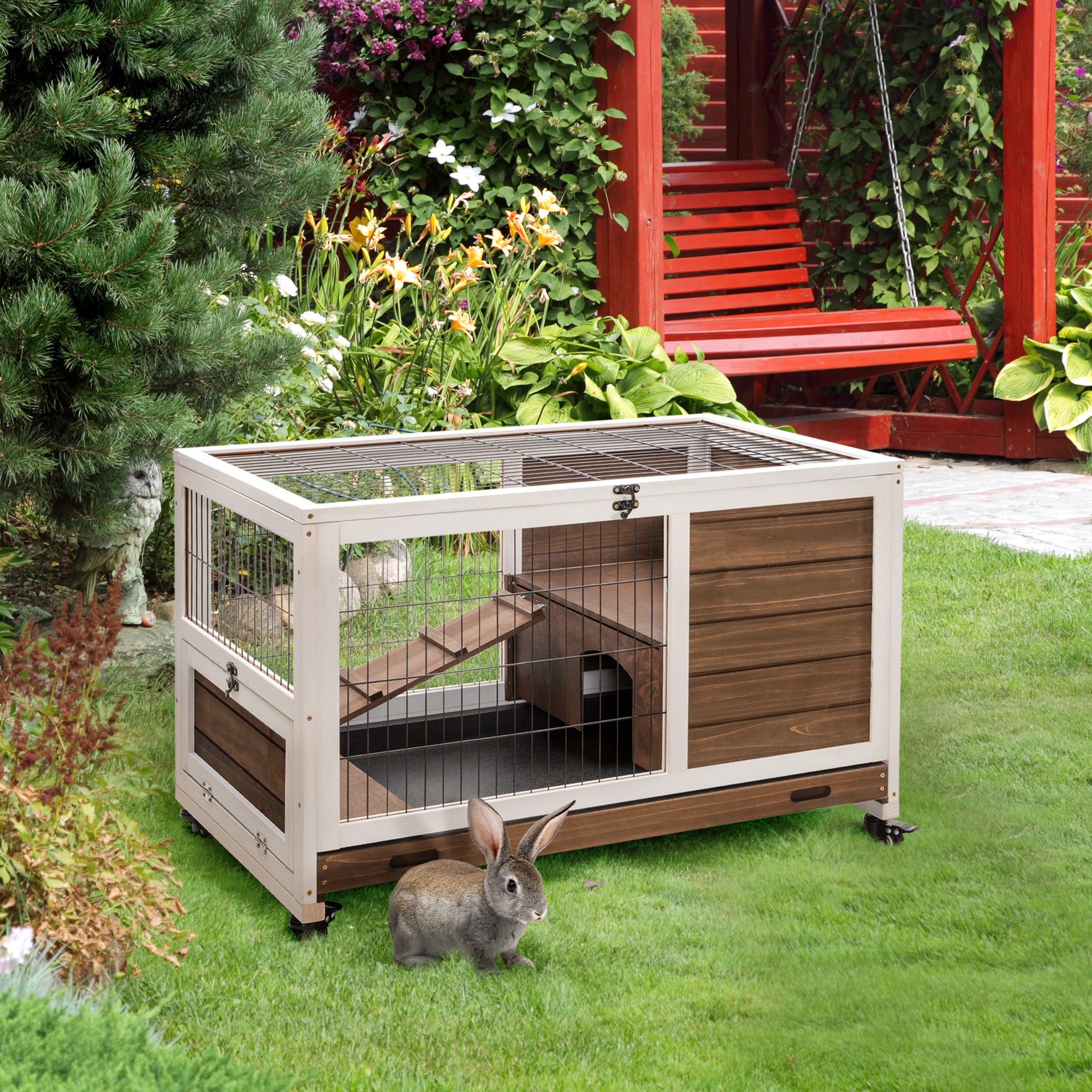 PawHut Wooden Guinea Pig Hutch,  Small Animal Cage with Openable Roof, Indoor Enclosed Run with No-Leak Tray, Brown