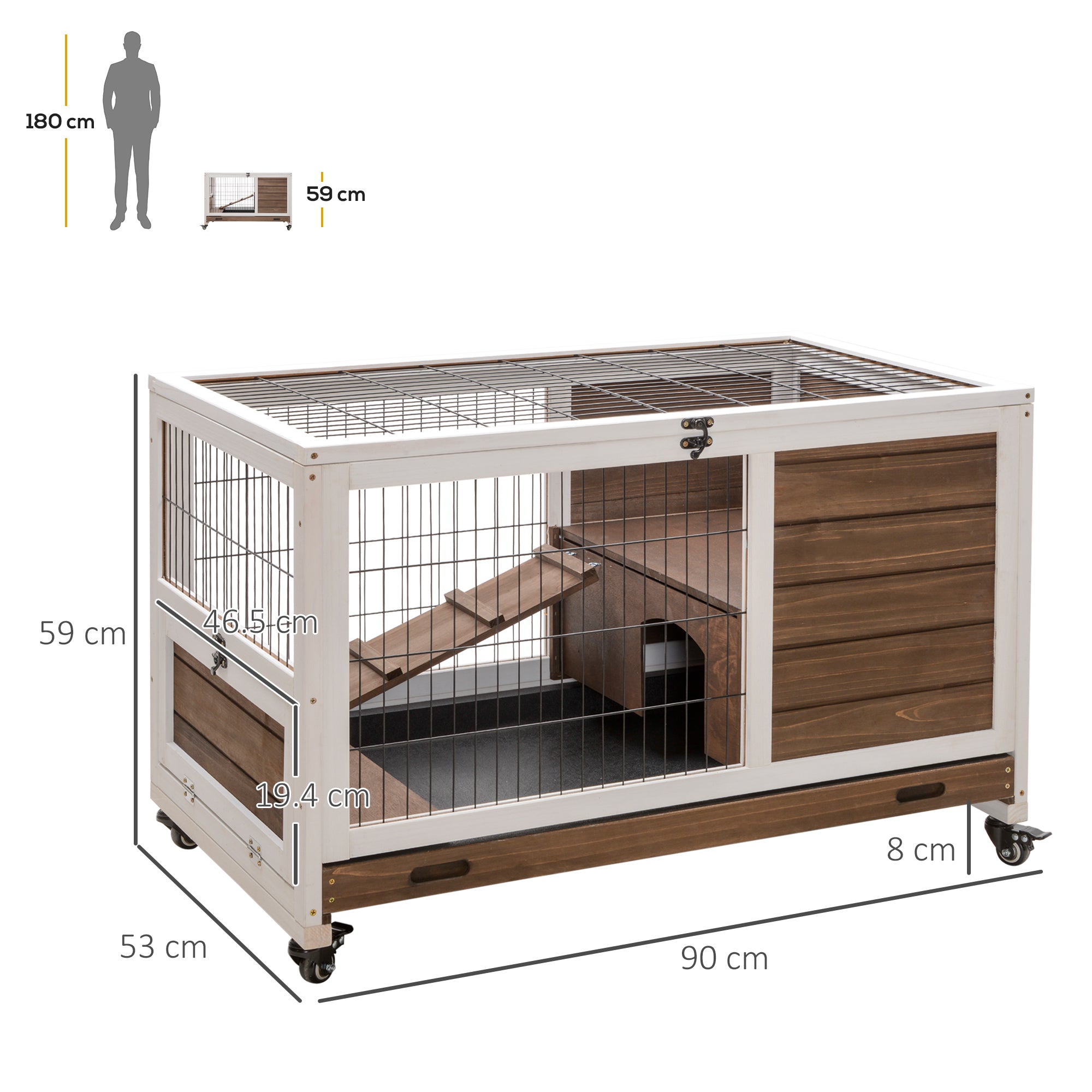 PawHut Wooden Guinea Pig Hutch,  Small Animal Cage with Openable Roof, Indoor Enclosed Run with No-Leak Tray, Brown