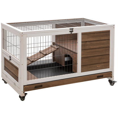 PawHut Wooden Guinea Pig Hutch,  Small Animal Cage with Openable Roof, Indoor Enclosed Run with No-Leak Tray, Brown