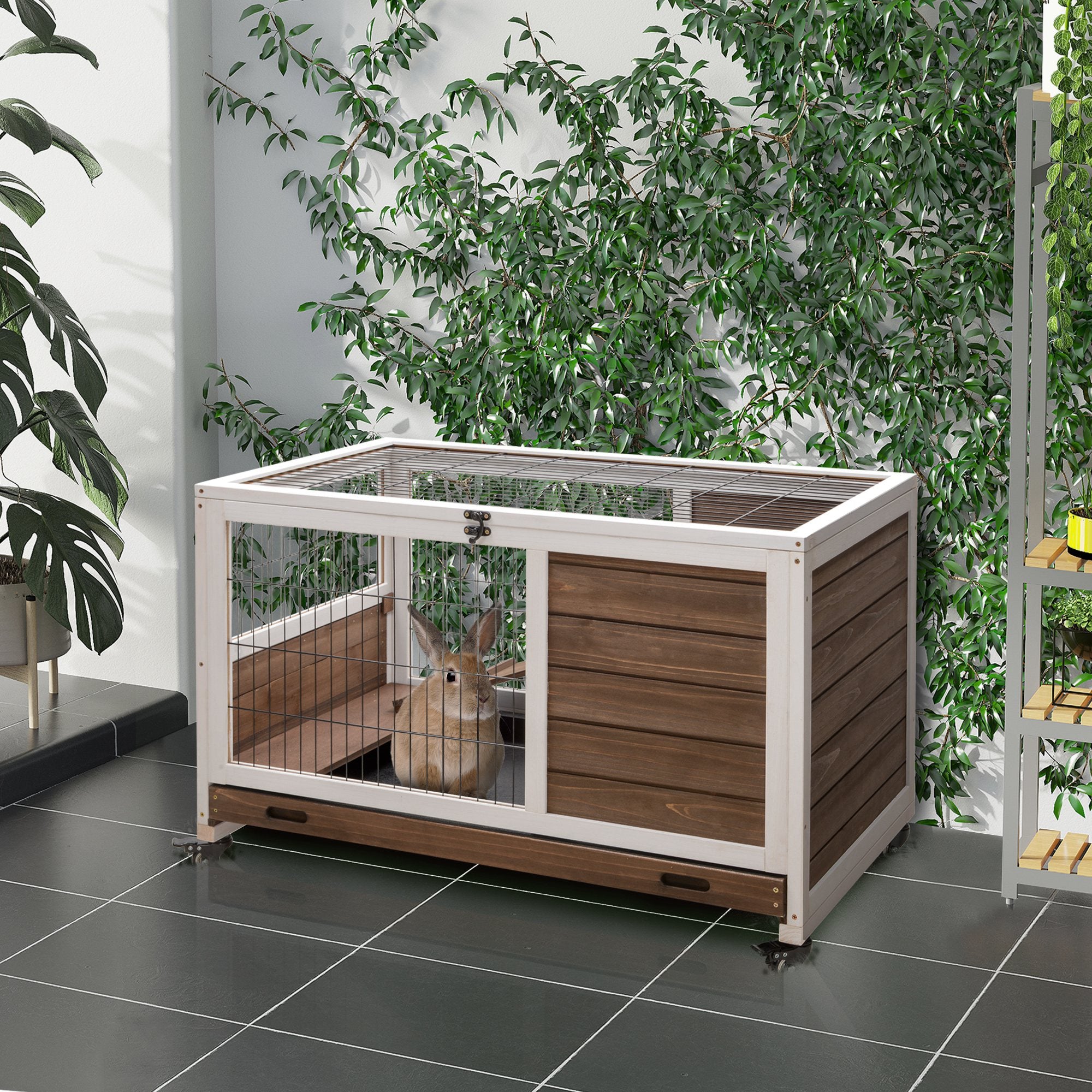 PawHut Wooden Guinea Pig Hutch,  Small Animal Cage with Openable Roof, Indoor Enclosed Run with No-Leak Tray, Brown