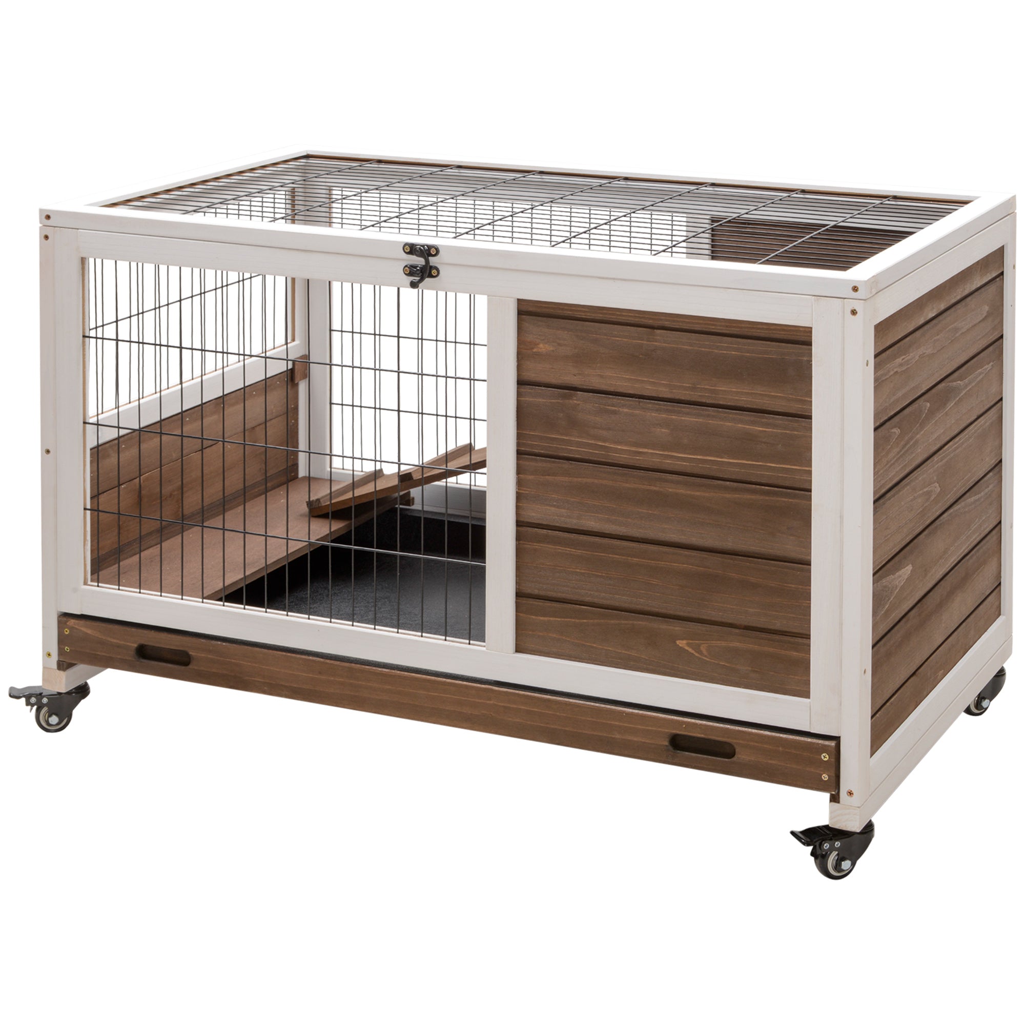 PawHut Wooden Guinea Pig Hutch,  Small Animal Cage with Openable Roof, Indoor Enclosed Run with No-Leak Tray, Brown