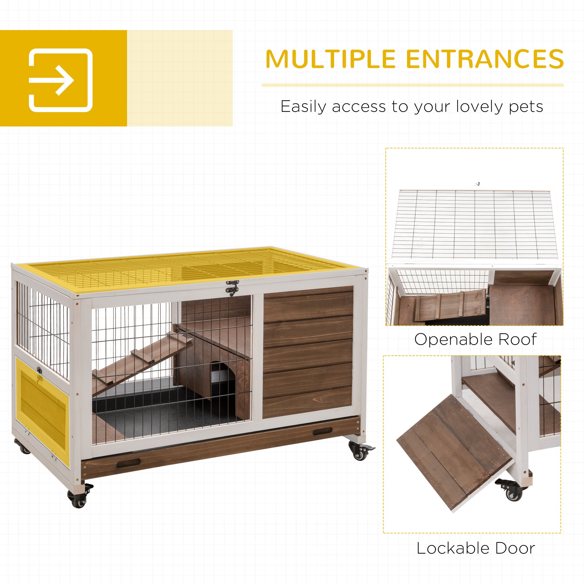 PawHut Wooden Indoor Rabbit Hutch Elevated Bunny Cage Habitat with Enclosed Run with Wheels, Ideal for Rabbits and Guinea Pigs, Brown