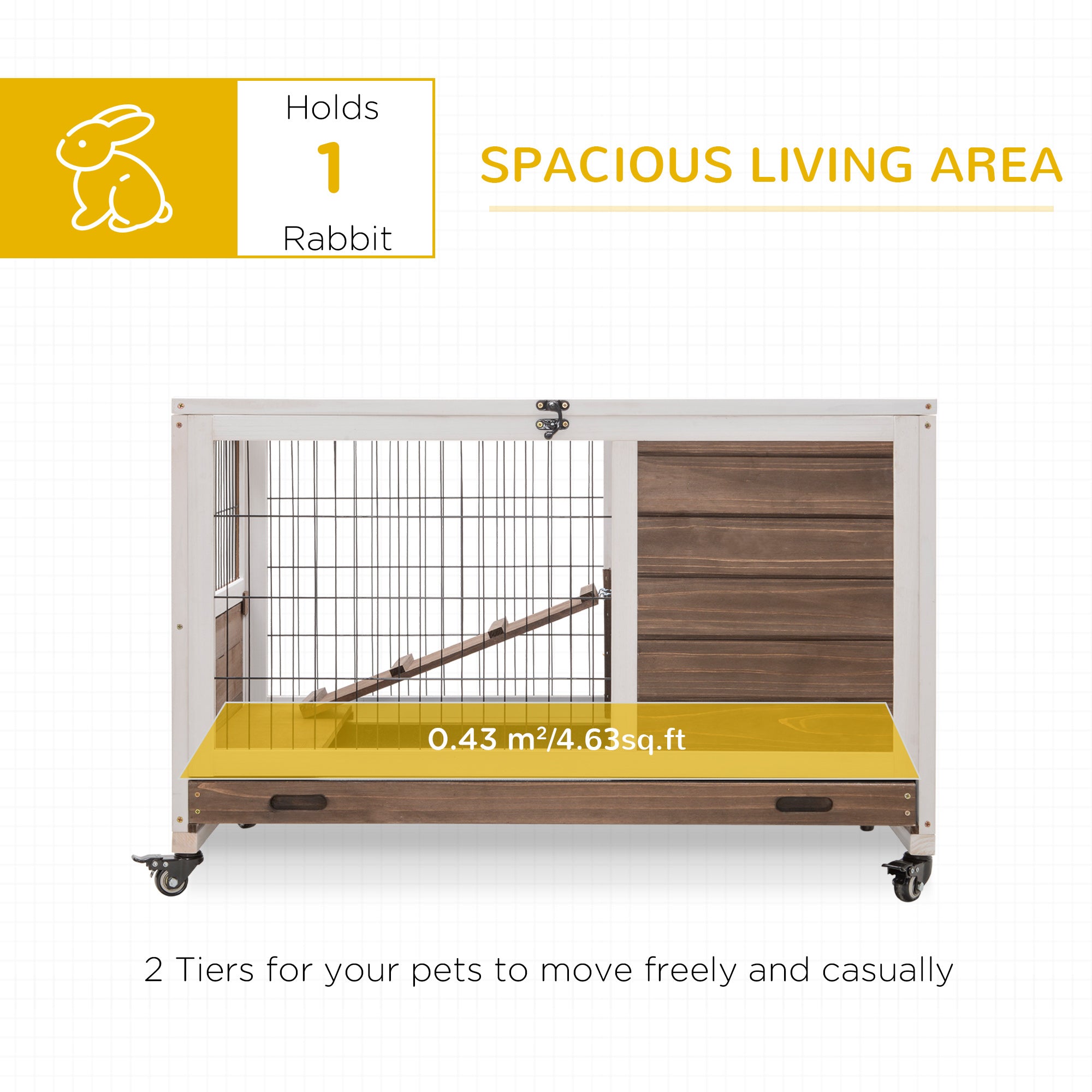 PawHut Wooden Indoor Rabbit Hutch Elevated Bunny Cage Habitat with Enclosed Run with Wheels, Ideal for Rabbits and Guinea Pigs, Brown