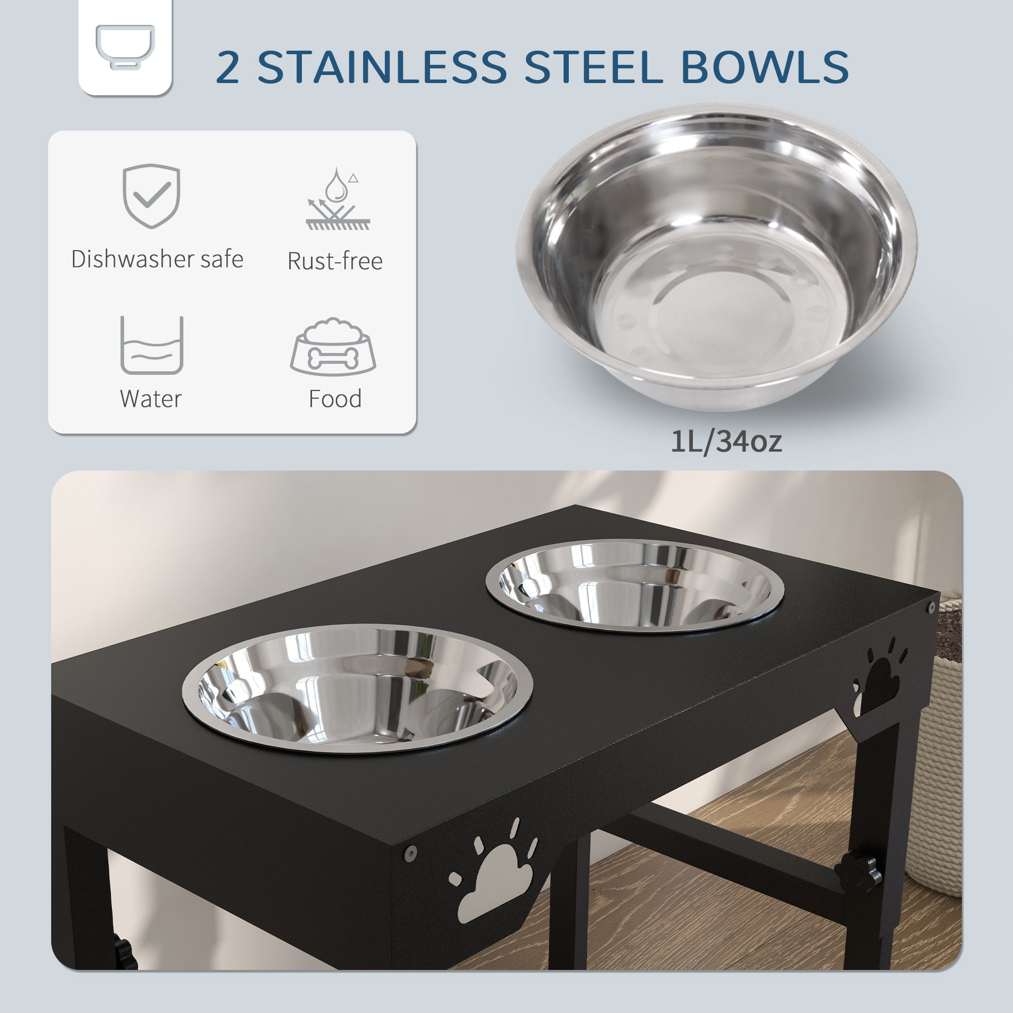 PawHut Elevated Dog Bowls, 7 Adjustable Height Dog Bowl Stand with 2 Stainless Steel Bowls for Small, Medium, and Large Dogs, Black