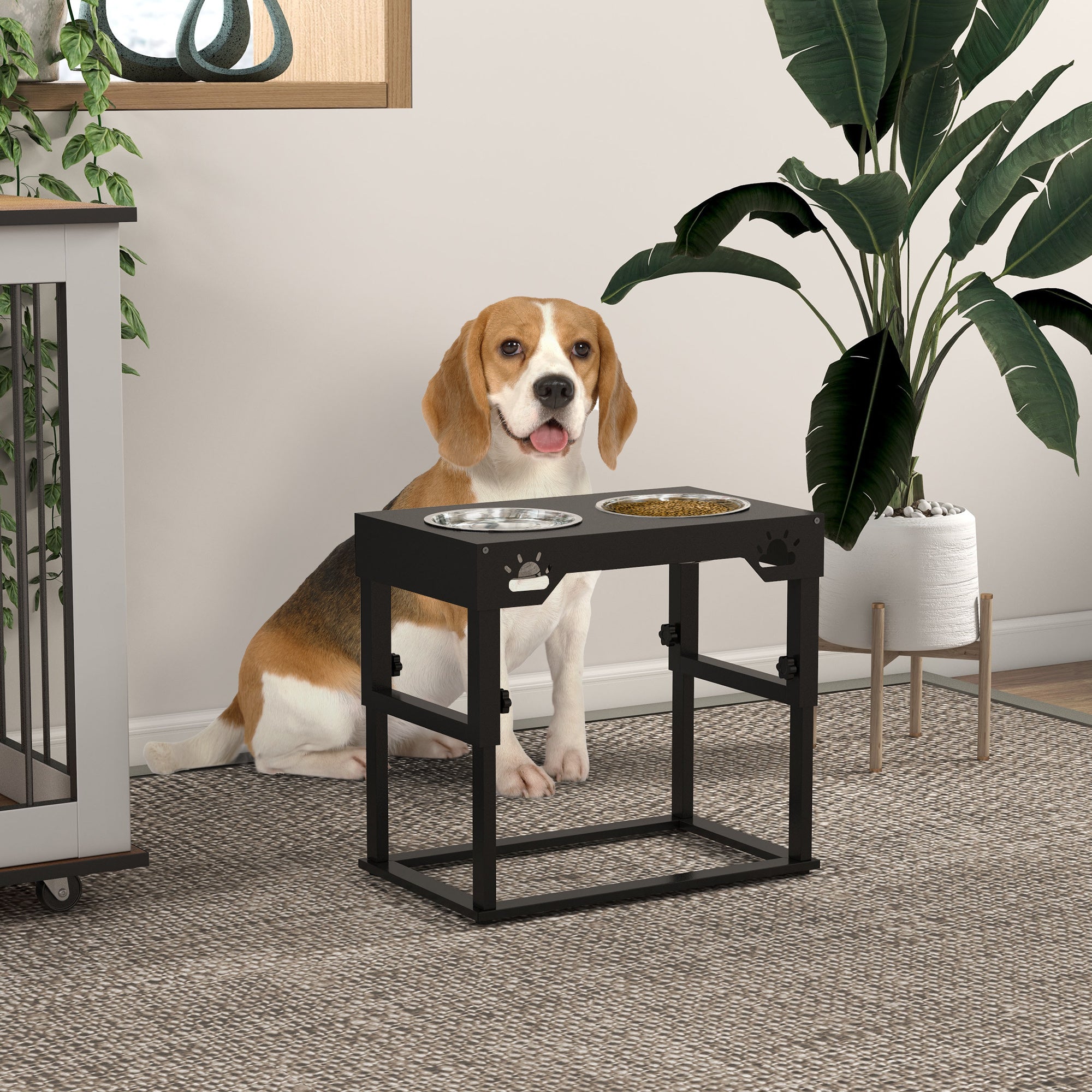 PawHut Elevated Dog Bowls, 7 Adjustable Height Dog Bowl Stand with 2 Stainless Steel Bowls for Small, Medium, and Large Dogs, Black