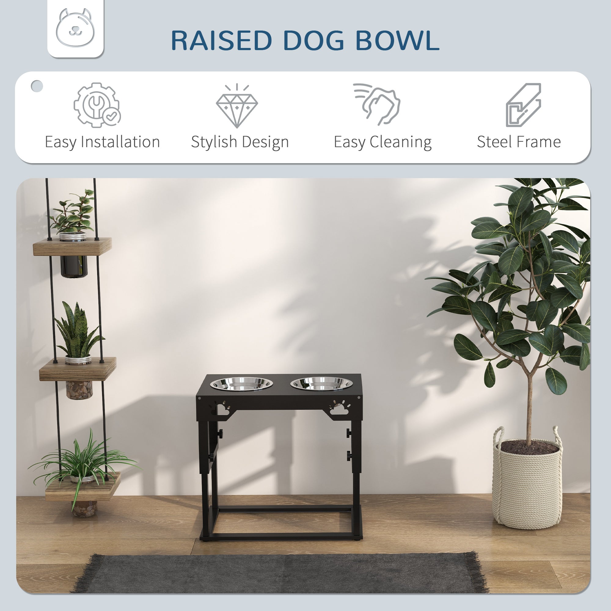 PawHut Elevated Dog Bowls, 7 Adjustable Height Dog Bowl Stand with 2 Stainless Steel Bowls for Small, Medium, and Large Dogs, Black