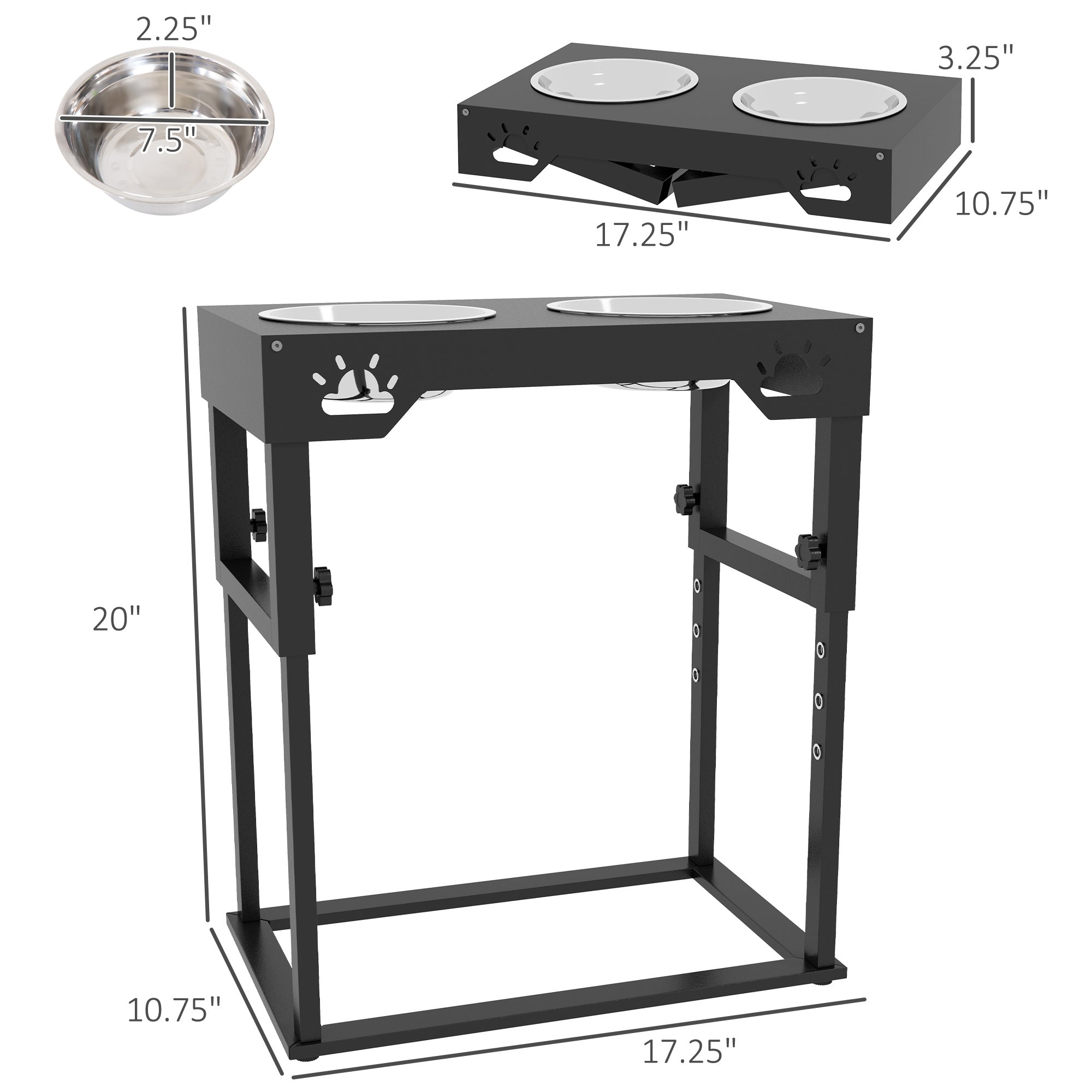 PawHut Elevated Dog Bowls, 7 Adjustable Height Dog Bowl Stand with 2 Stainless Steel Bowls for Small, Medium, and Large Dogs, Black