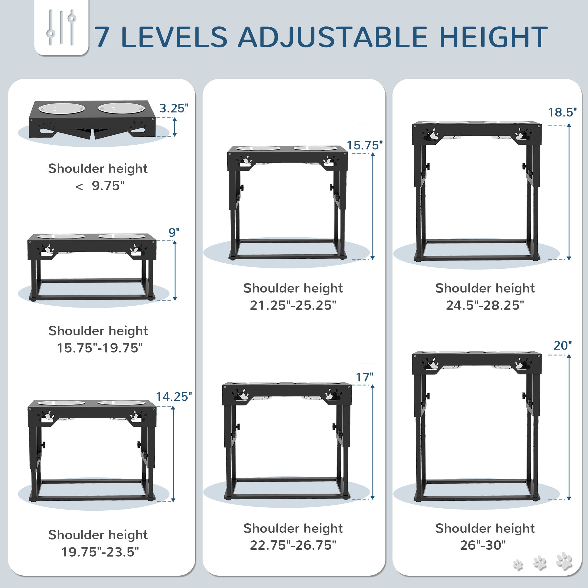 PawHut Elevated Dog Bowls, 7 Adjustable Height Dog Bowl Stand with 2 Stainless Steel Bowls for Small, Medium, and Large Dogs, Black