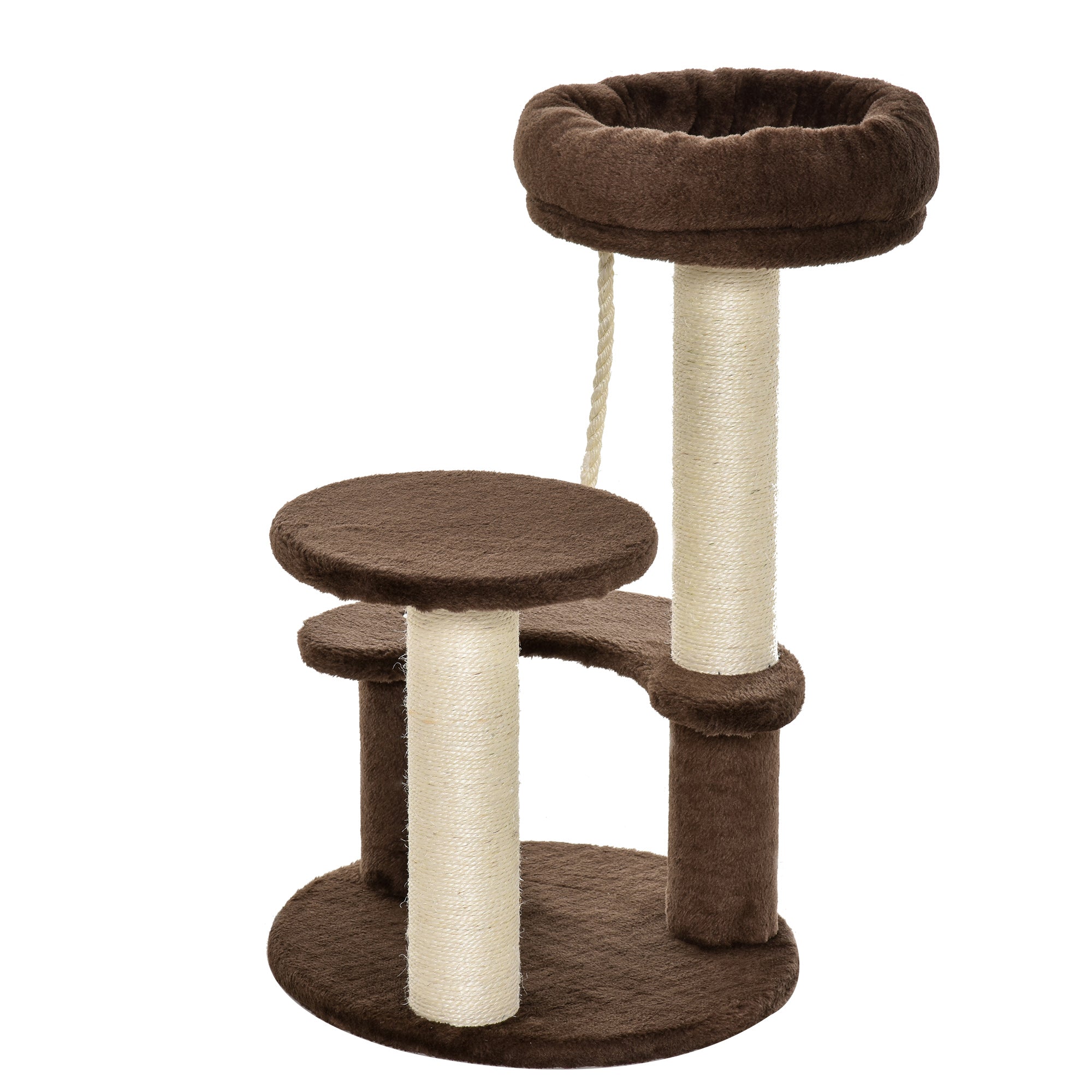 PawHut 65cm Cat Tree, Cat Tower for Kittens, Small Cat Condo with Sisal Scratching Posts, Hanging Rope, Perches - Brown