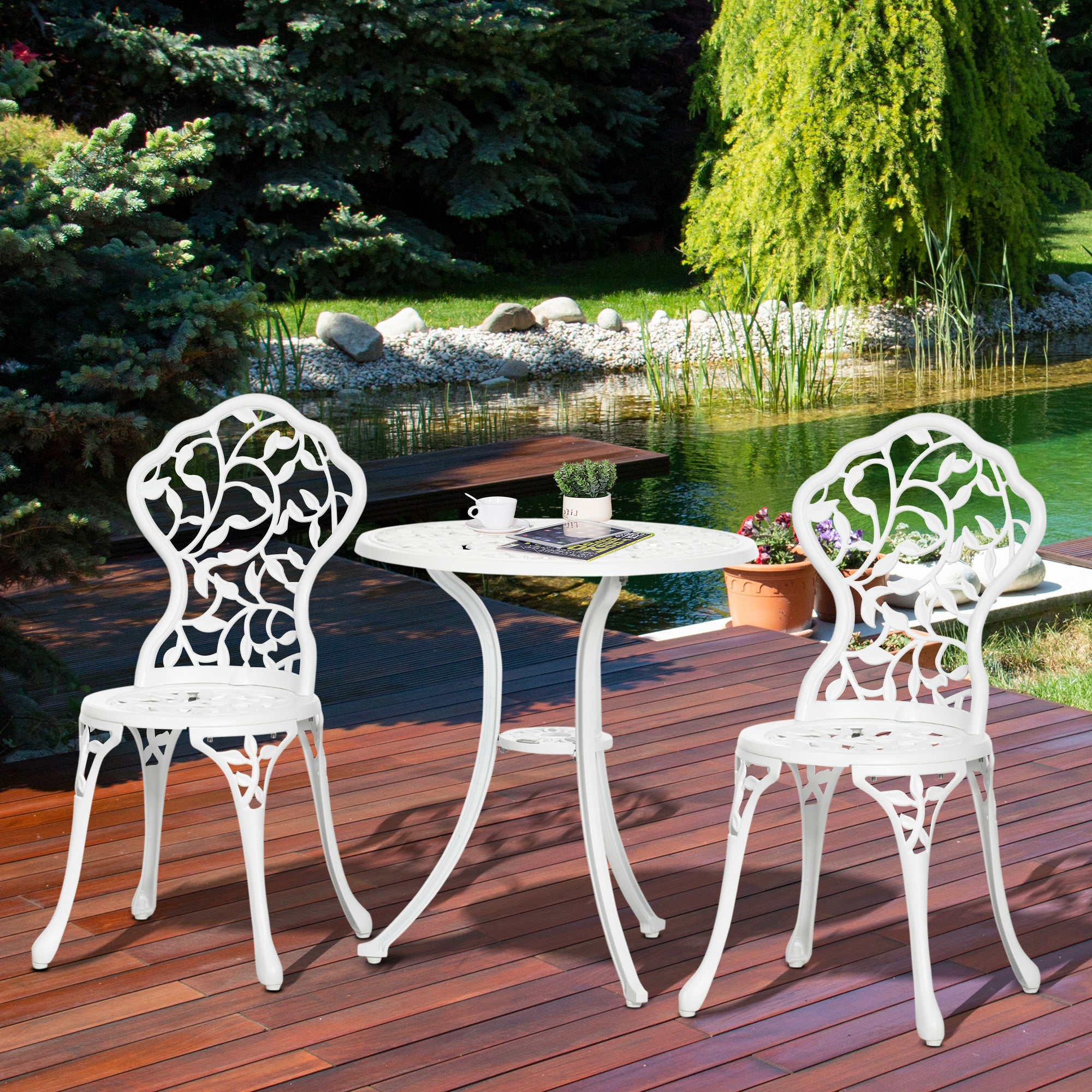 Outsunny 3 Pieces Bistro Set, Patio Table and Chairs with Cast Aluminum Frame for Garden, Balcony, Porch, White
